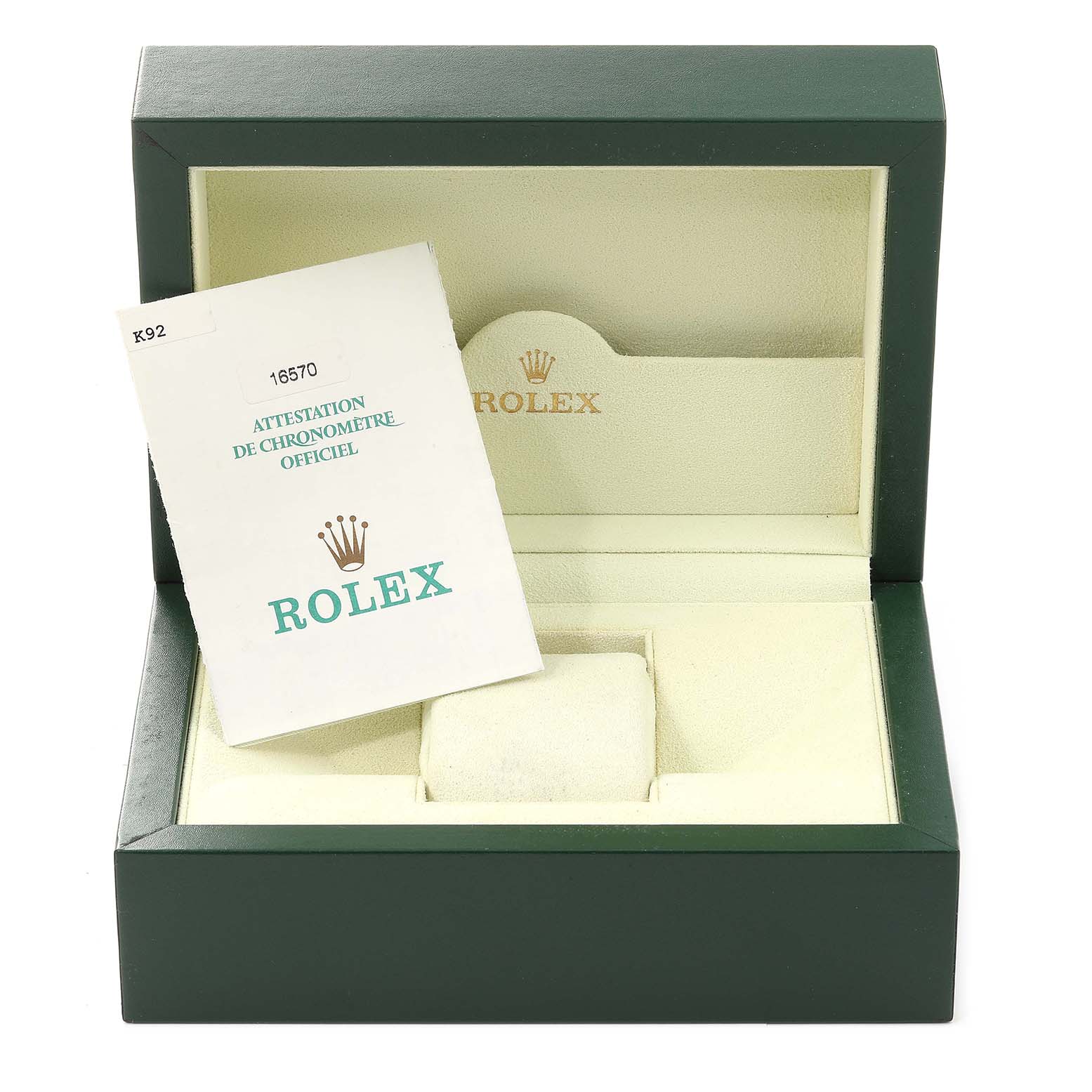 The image shows an open Rolex Explorer 16570 Men's Stainless Steel White Dial 16570 Men's Stainless Steel White Dial watch box with documentation inside, viewed from the front angle.