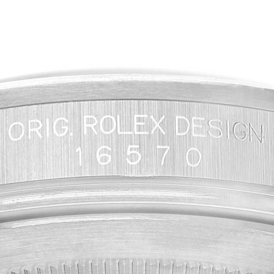 This image shows the engraved case back of a Rolex Explorer 16570 Men's Stainless Steel White Dial 16570 Men's Stainless Steel White Dial model with the design number 16570.
