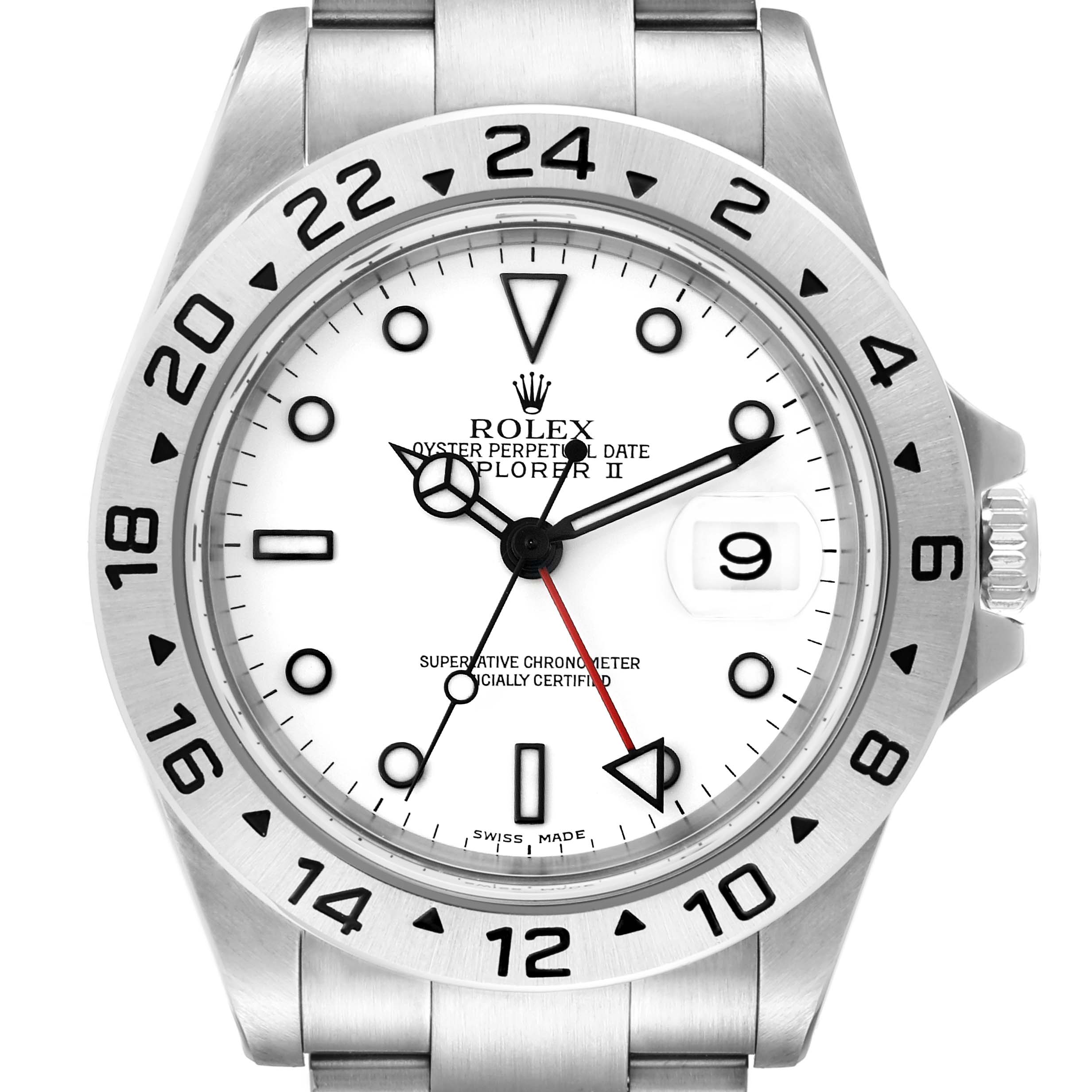 The image shows a front view of the Rolex Explorer 16570 Men's Stainless Steel White Dial 16570 Men's Stainless Steel White Dial watch, highlighting the dial, bezel, date window, and hands.