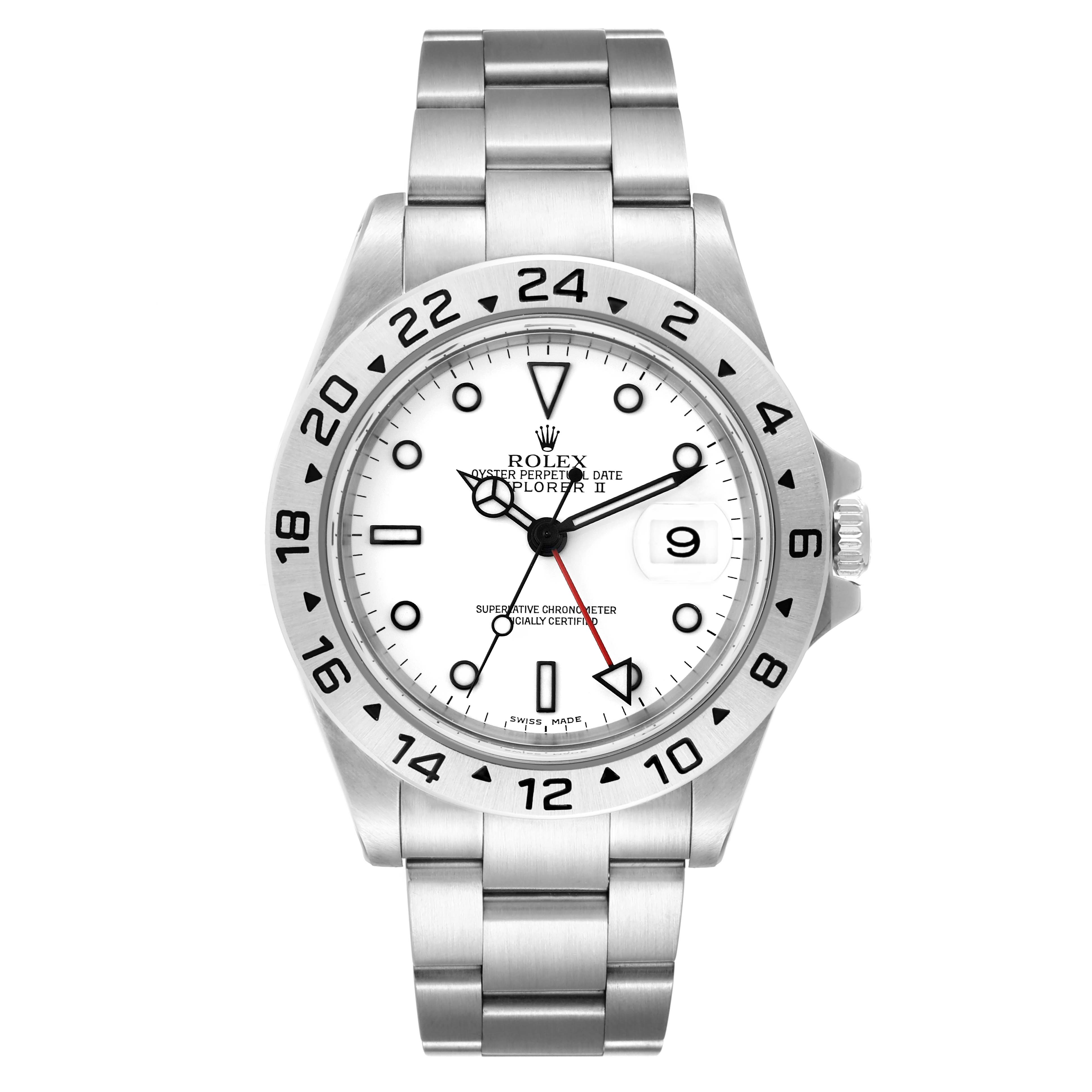 The image shows the front view of a Rolex Explorer 16570 Men's Stainless Steel White Dial 16570 Men's Stainless Steel White Dial watch, highlighting the dial, bezel, and bracelet.