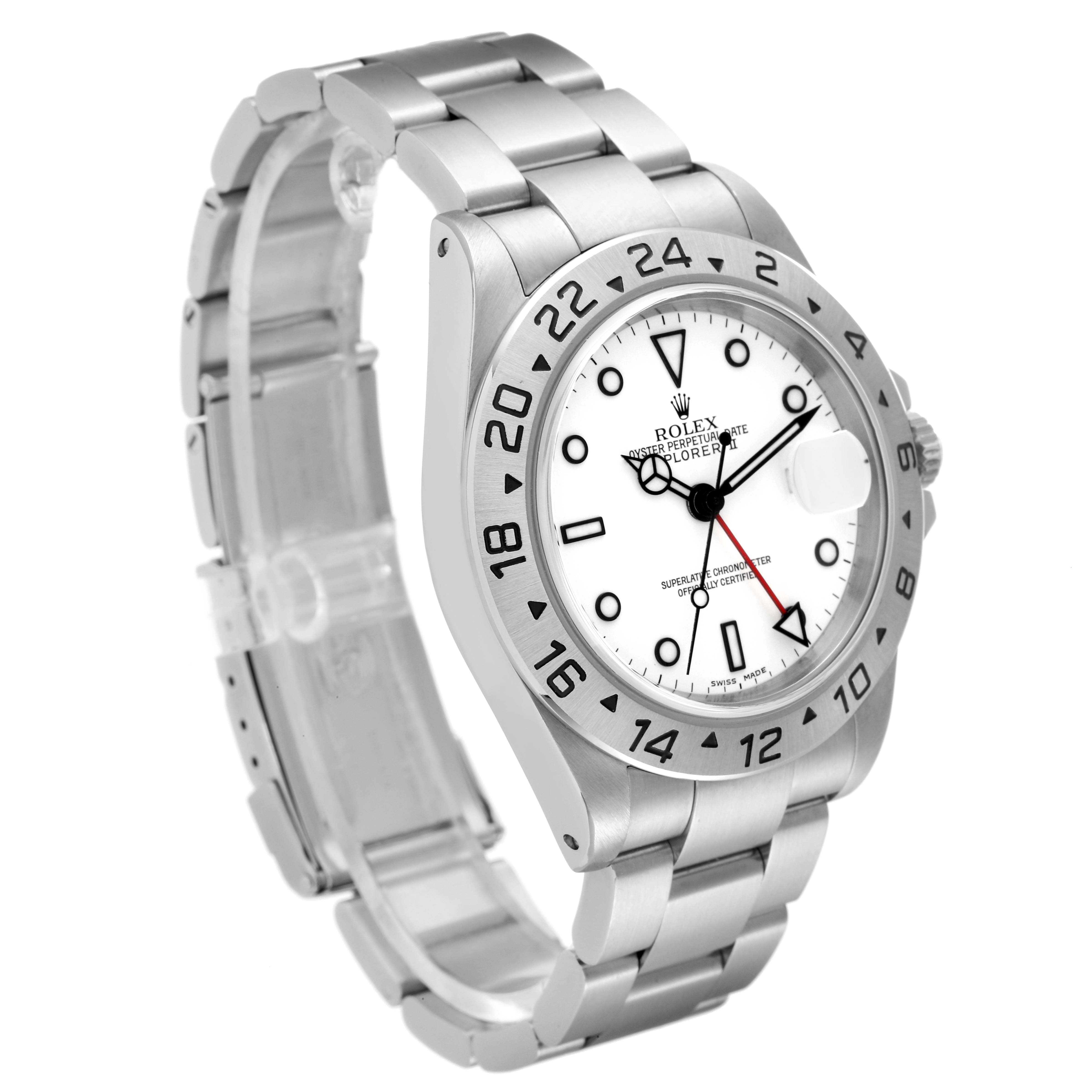 The image shows a side-front angle of the Rolex Explorer 16570 Men's Stainless Steel White Dial 16570 Men's Stainless Steel White Dial model, displaying its bracelet, bezel, and dial.