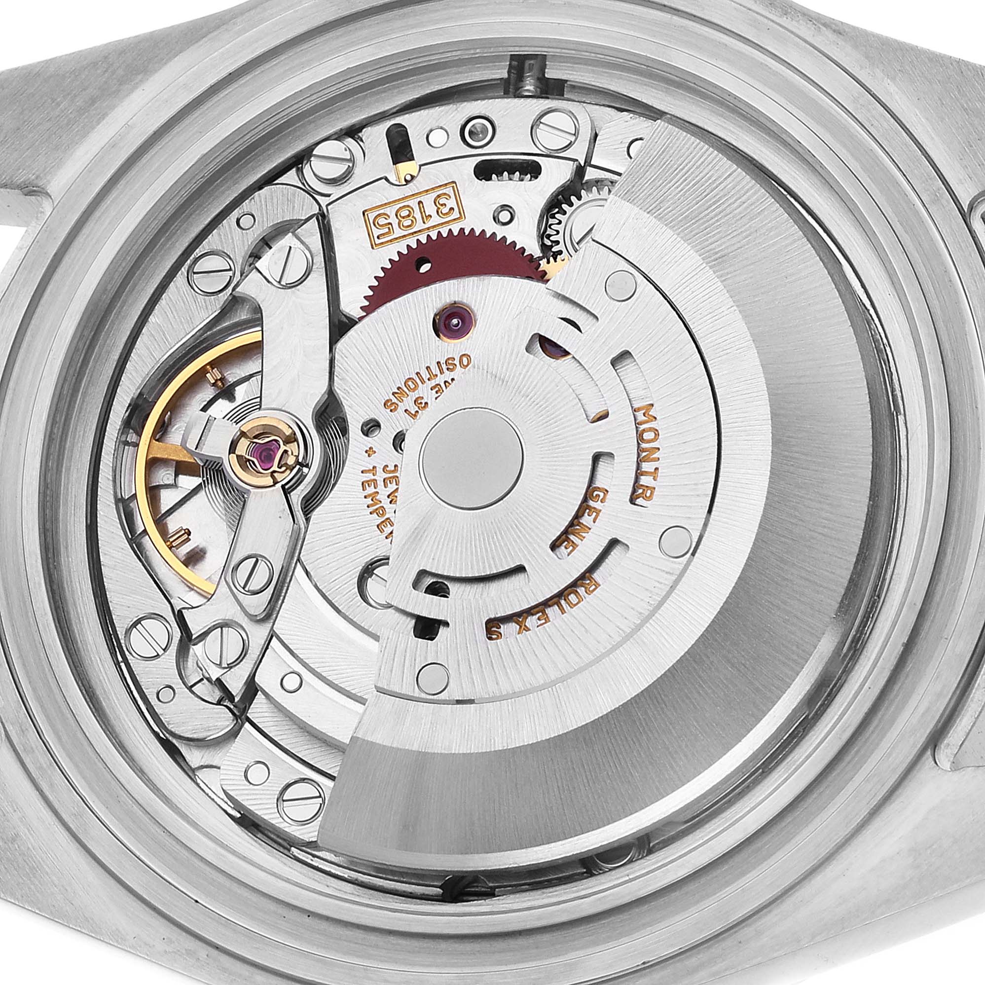 This image shows a close-up of the movement and internal mechanisms of a Rolex Explorer 16570 Men's Stainless Steel White Dial 16570 Men's Stainless Steel White Dial watch.