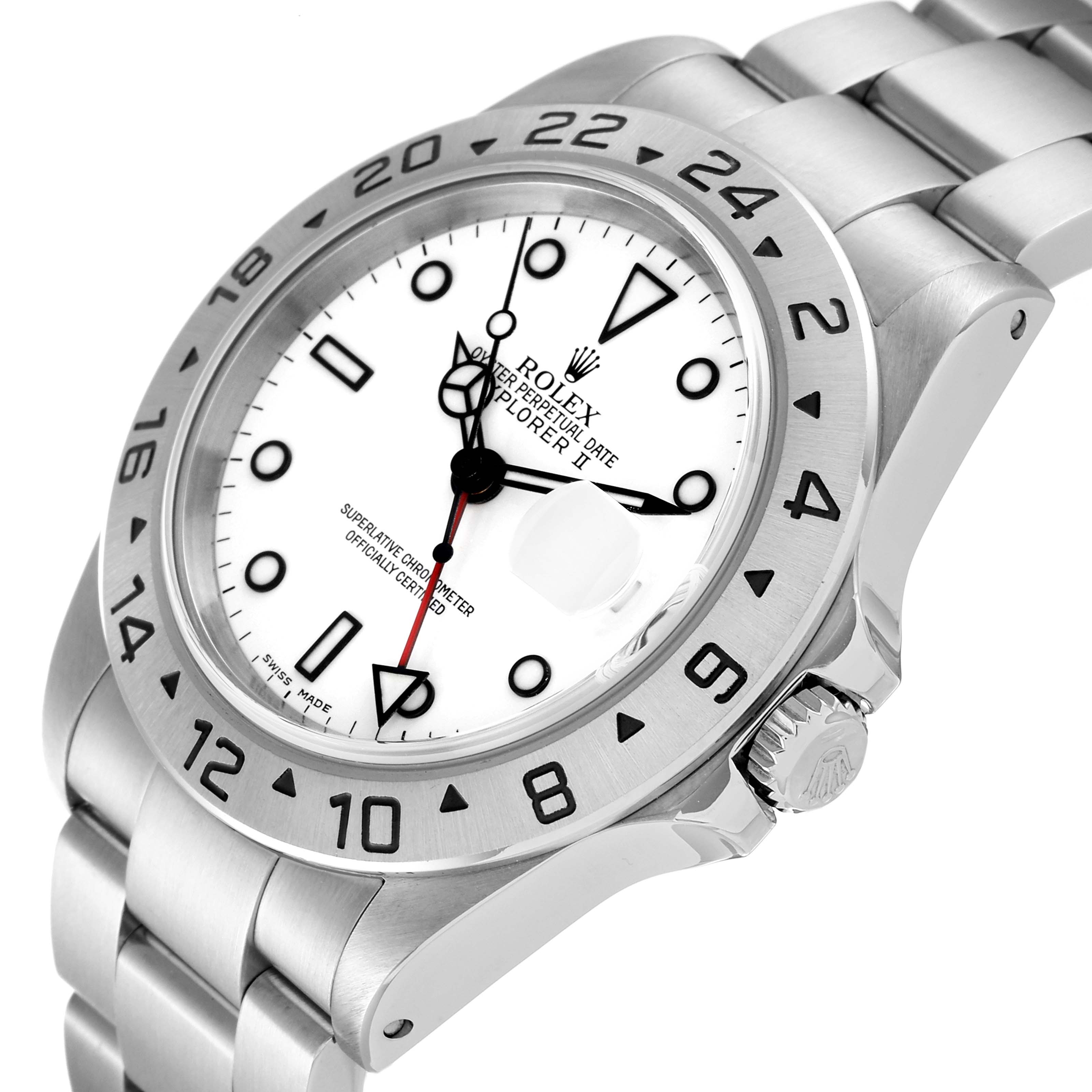 This image shows the Rolex Explorer 16570 Men's Stainless Steel White Dial 16570 Men's Stainless Steel White Dial watch at an angle displaying the bezel, dial, hands, bracelet, and crown.