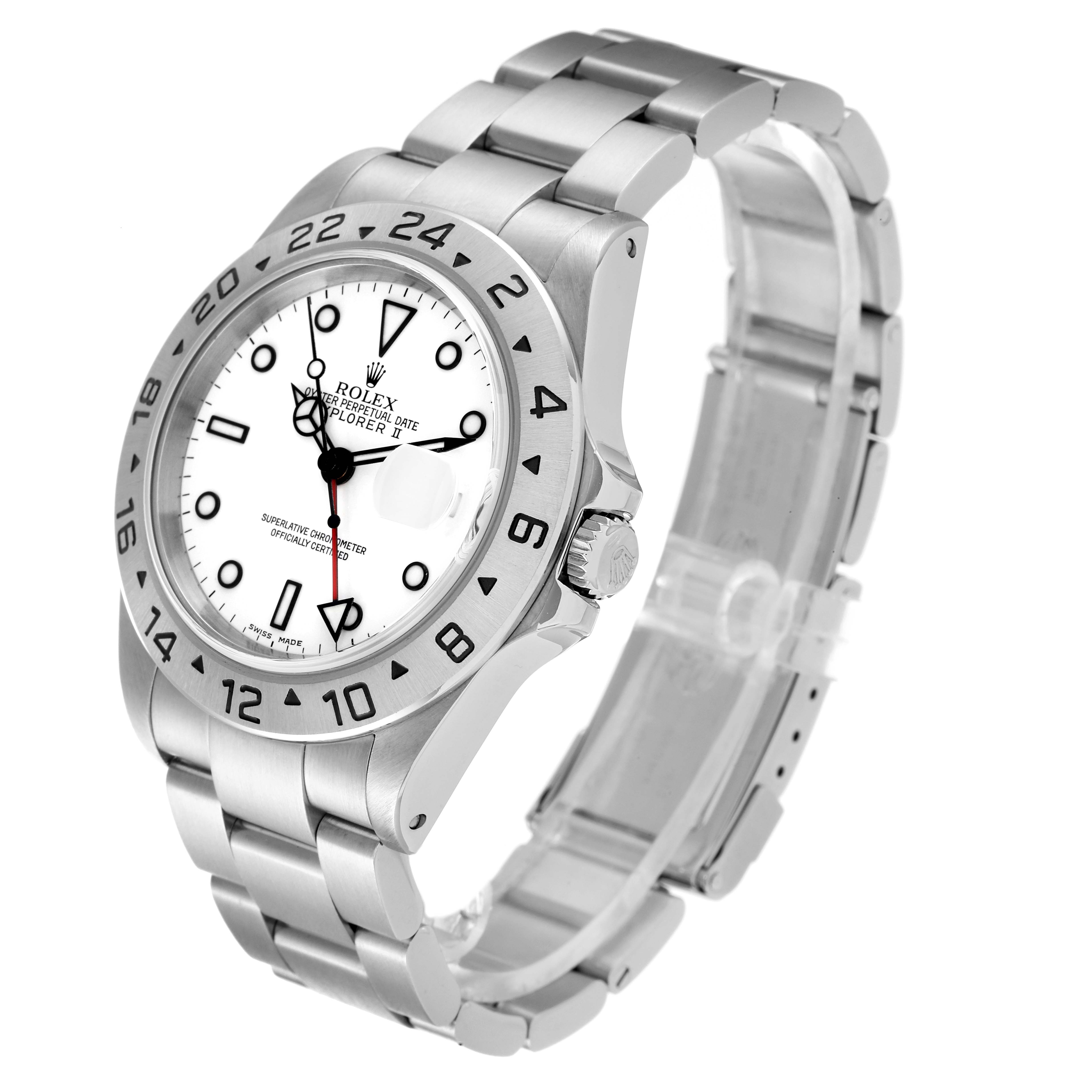 This image of the Rolex Explorer 16570 Men's Stainless Steel White Dial 16570 Men's Stainless Steel White Dial watch showcases a three-quarter view, highlighting the face, bezel, crown, and bracelet.