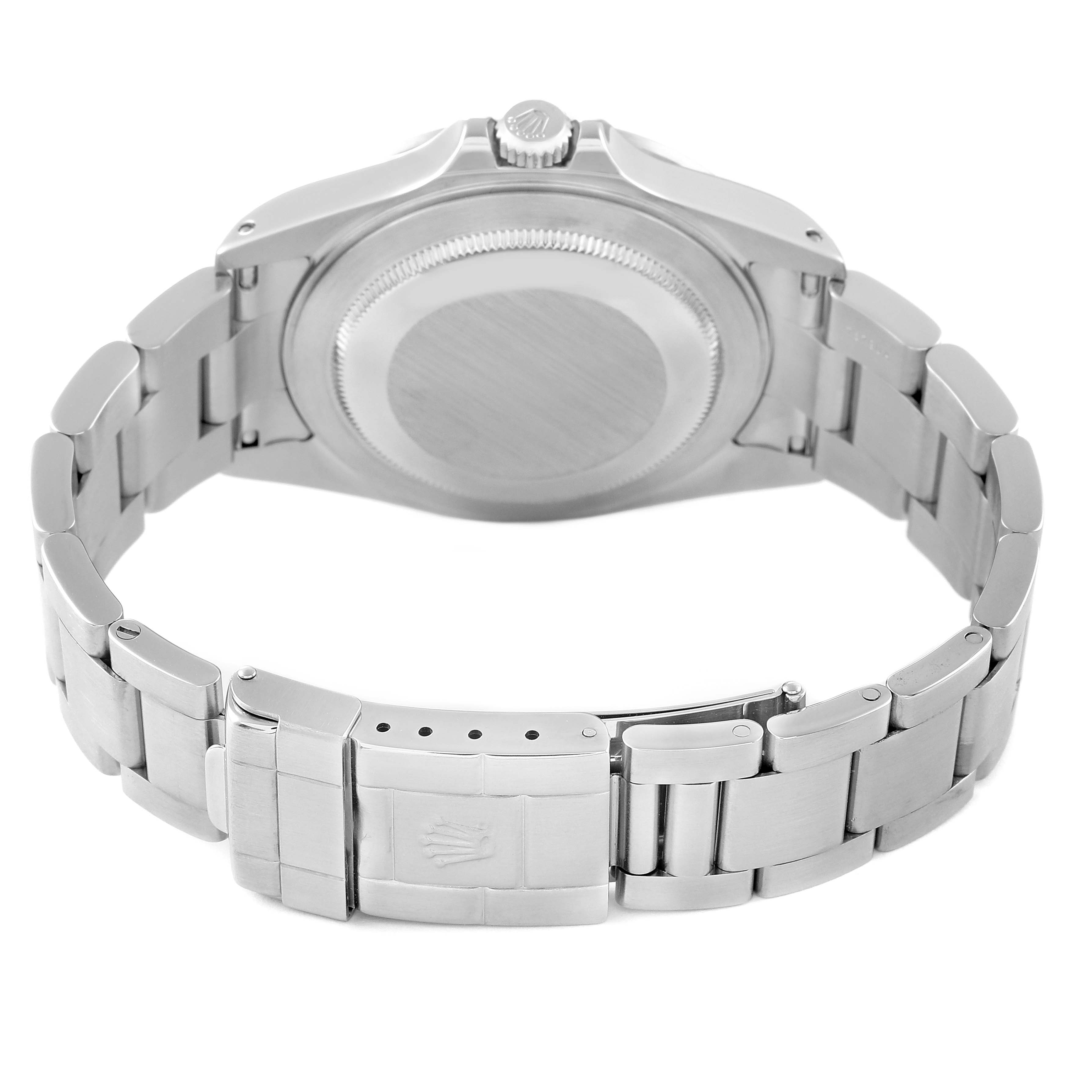 The image shows the back case and bracelet of a Rolex Explorer 16570 Men's Stainless Steel White Dial 16570 Men's Stainless Steel White Dial watch from a rear angle.