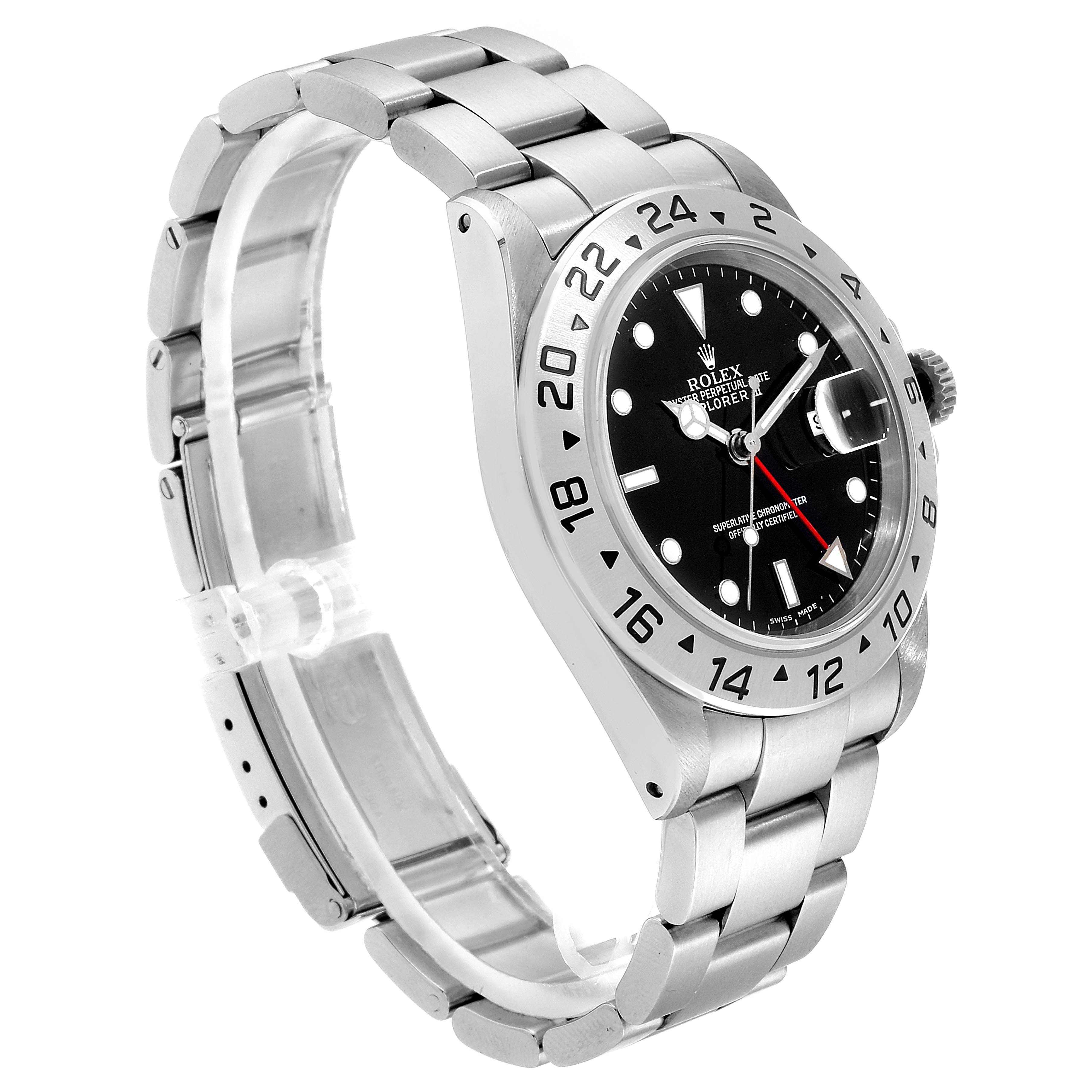 The image shows a side angle view of a Rolex Explorer 16570 Men
s Stainless Steel Black Dial 16570 Men
s Stainless Steel Black Dial watch, highlighting its bezel, dial, bracelet, and crown.