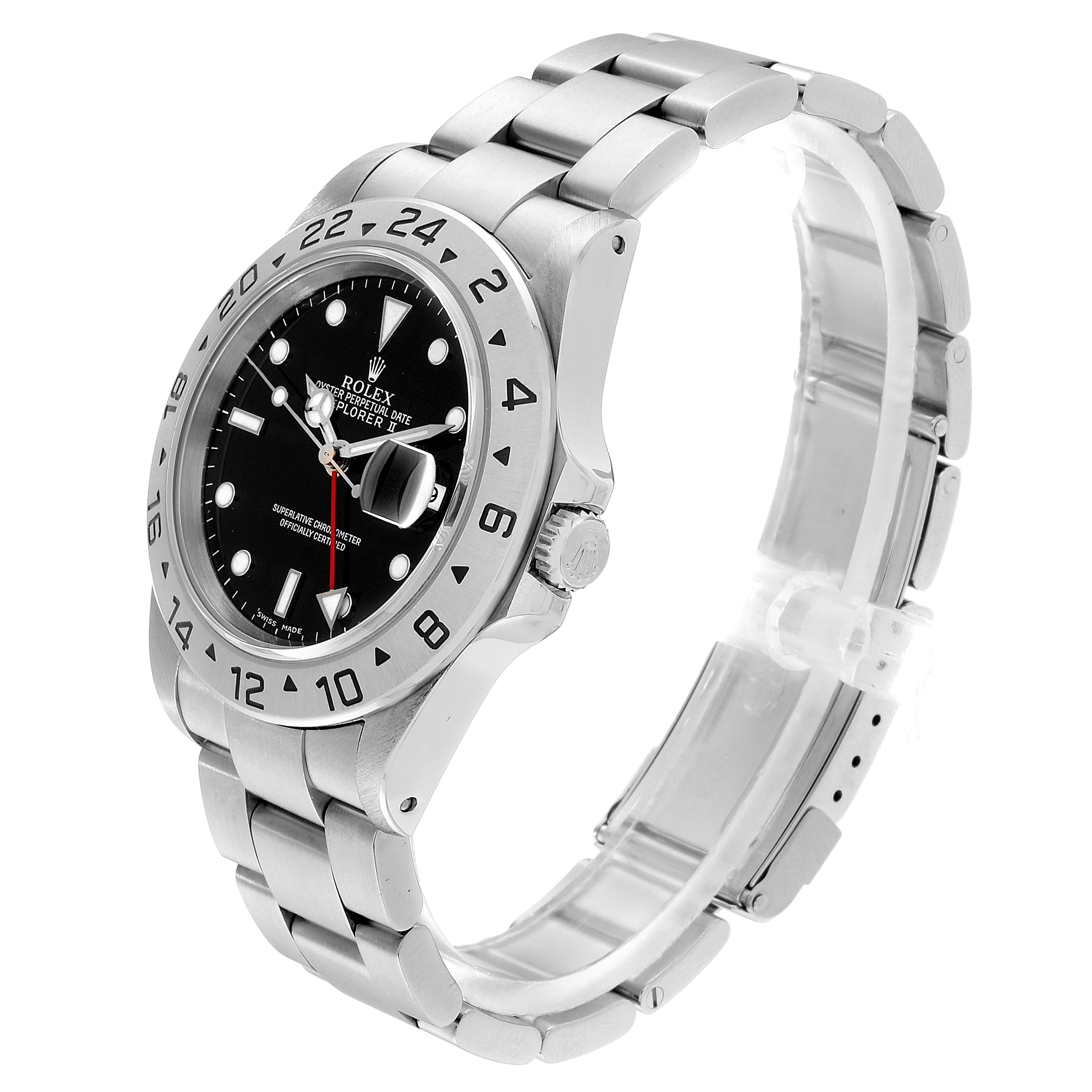 The image shows a side angle of the Rolex Explorer 16570 Men
s Stainless Steel Black Dial 16570 Men
s Stainless Steel Black Dial watch, highlighting the face, bezel, and part of the bracelet.