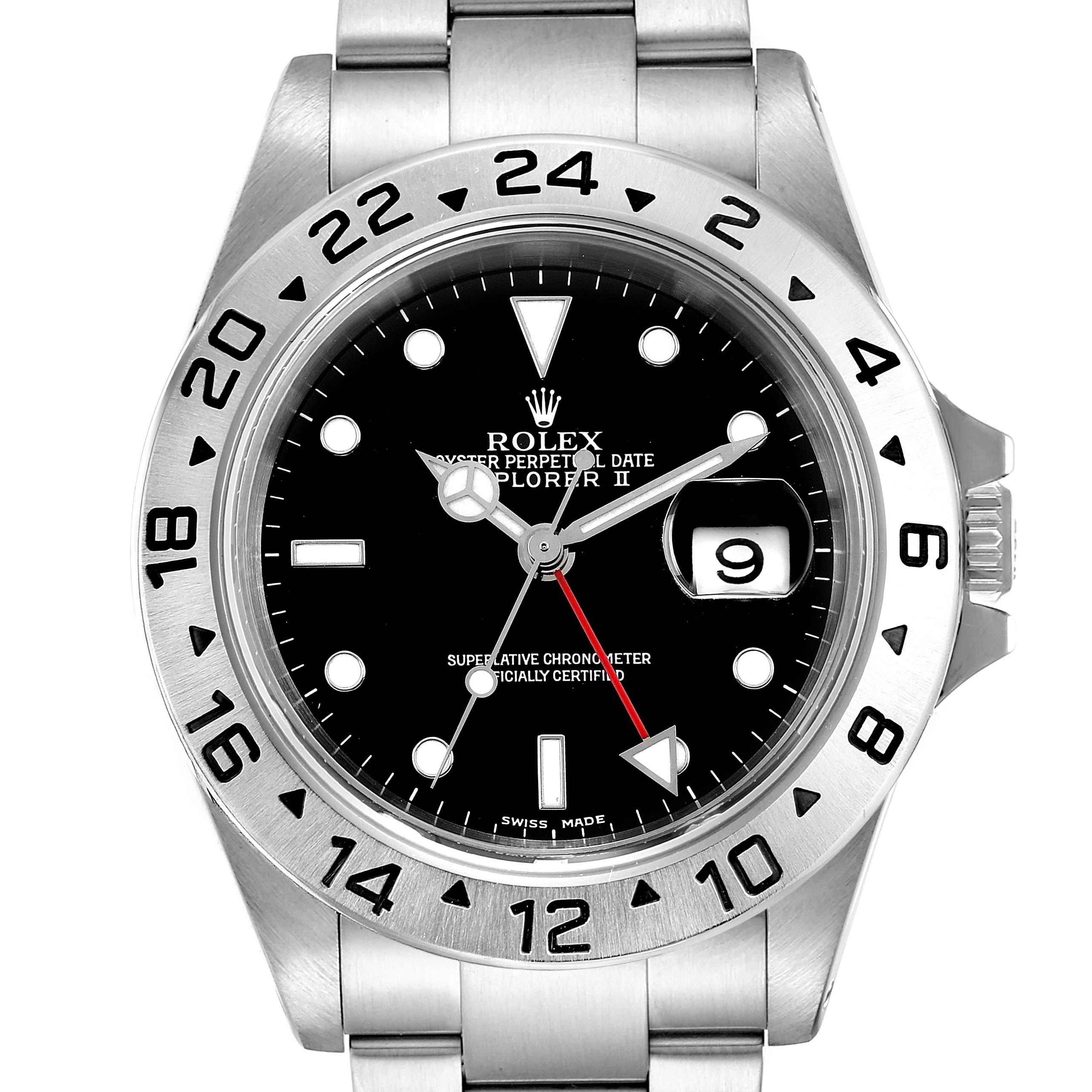 The image shows a front angle of a Rolex Explorer 16570 Men
s Stainless Steel Black Dial 16570 Men
s Stainless Steel Black Dial watch, highlighting the dial, bezel, crown, and part of the bracelet.