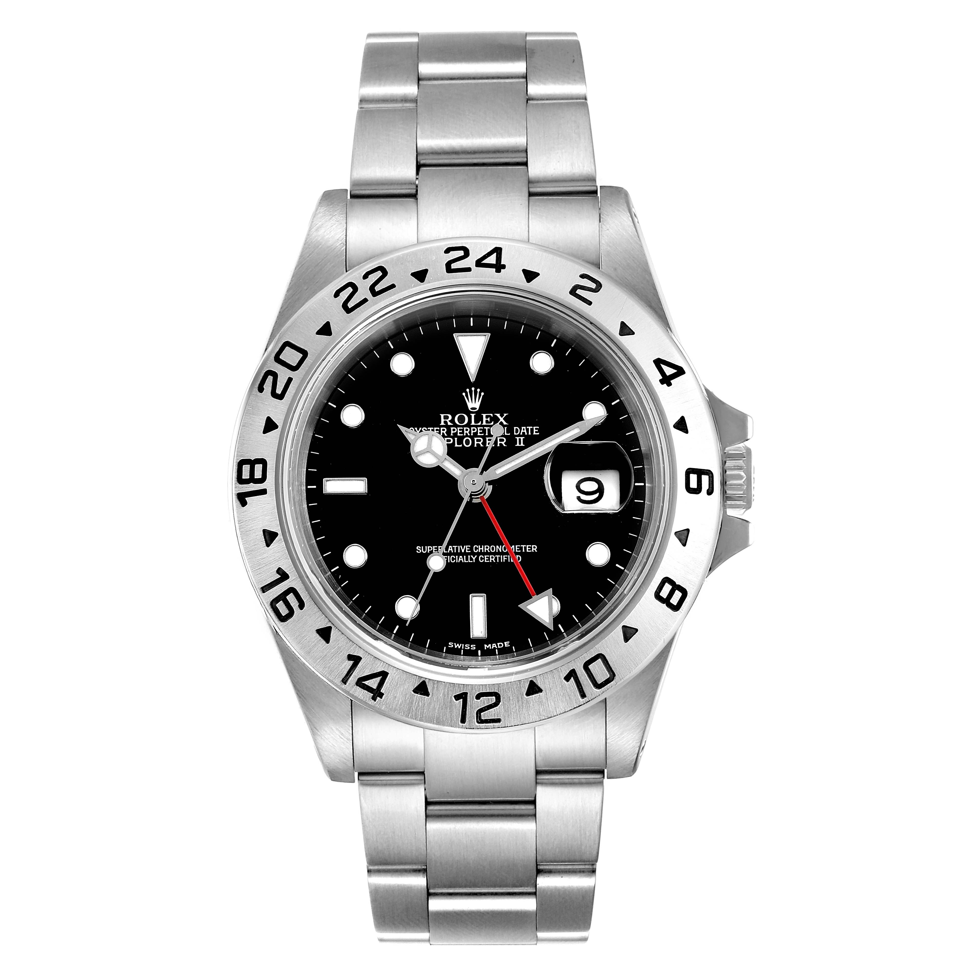 This Rolex Explorer 16570 Men
s Stainless Steel Black Dial 16570 Men
s Stainless Steel Black Dial model watch is shown from the front, displaying its dial, bezel, bracelet, and crown.