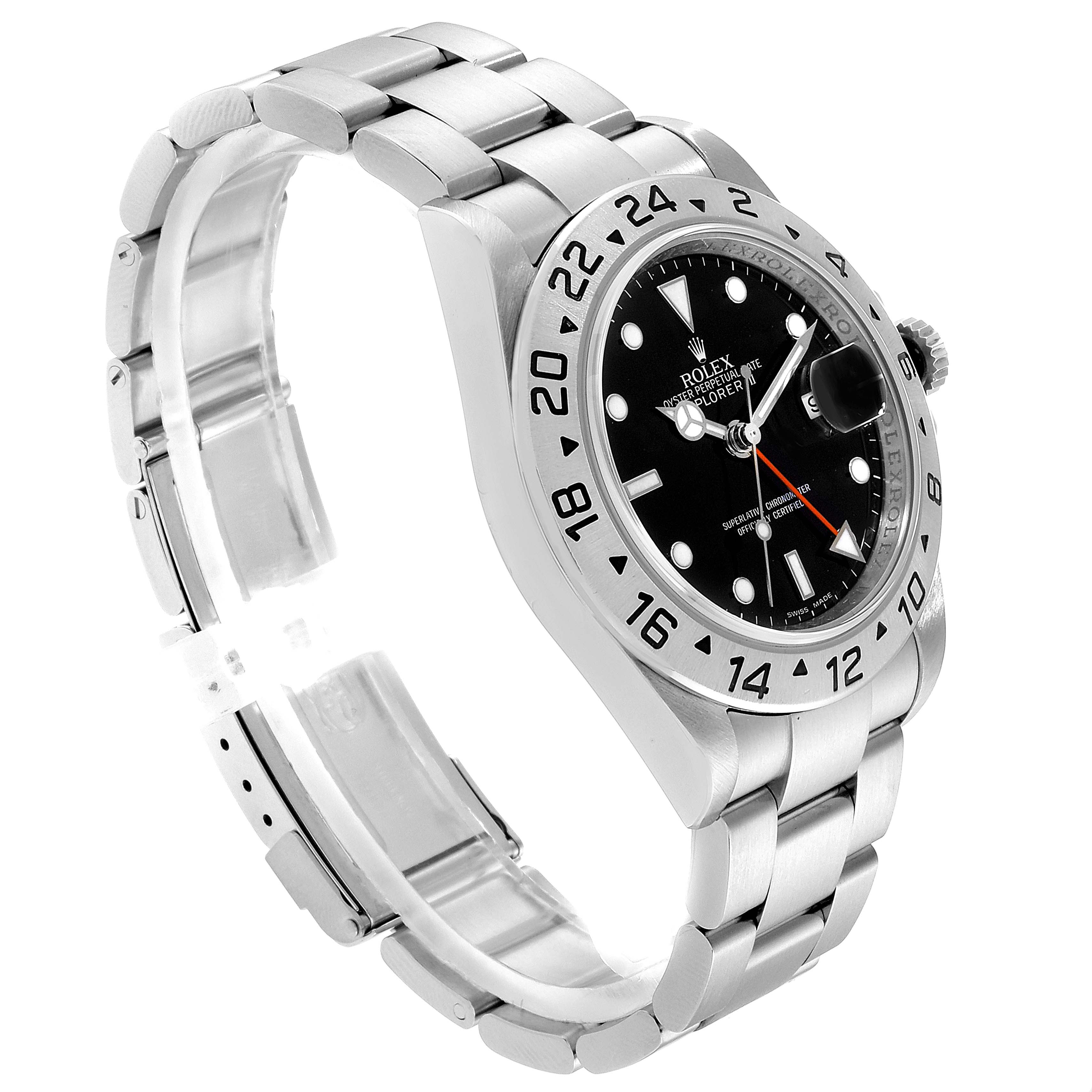 The Rolex Explorer 16570 Men's Stainless Steel Black Dial 16570 Men's Stainless Steel Black Dial watch is shown at an angle displaying its face, bezel, crown, and bracelet.