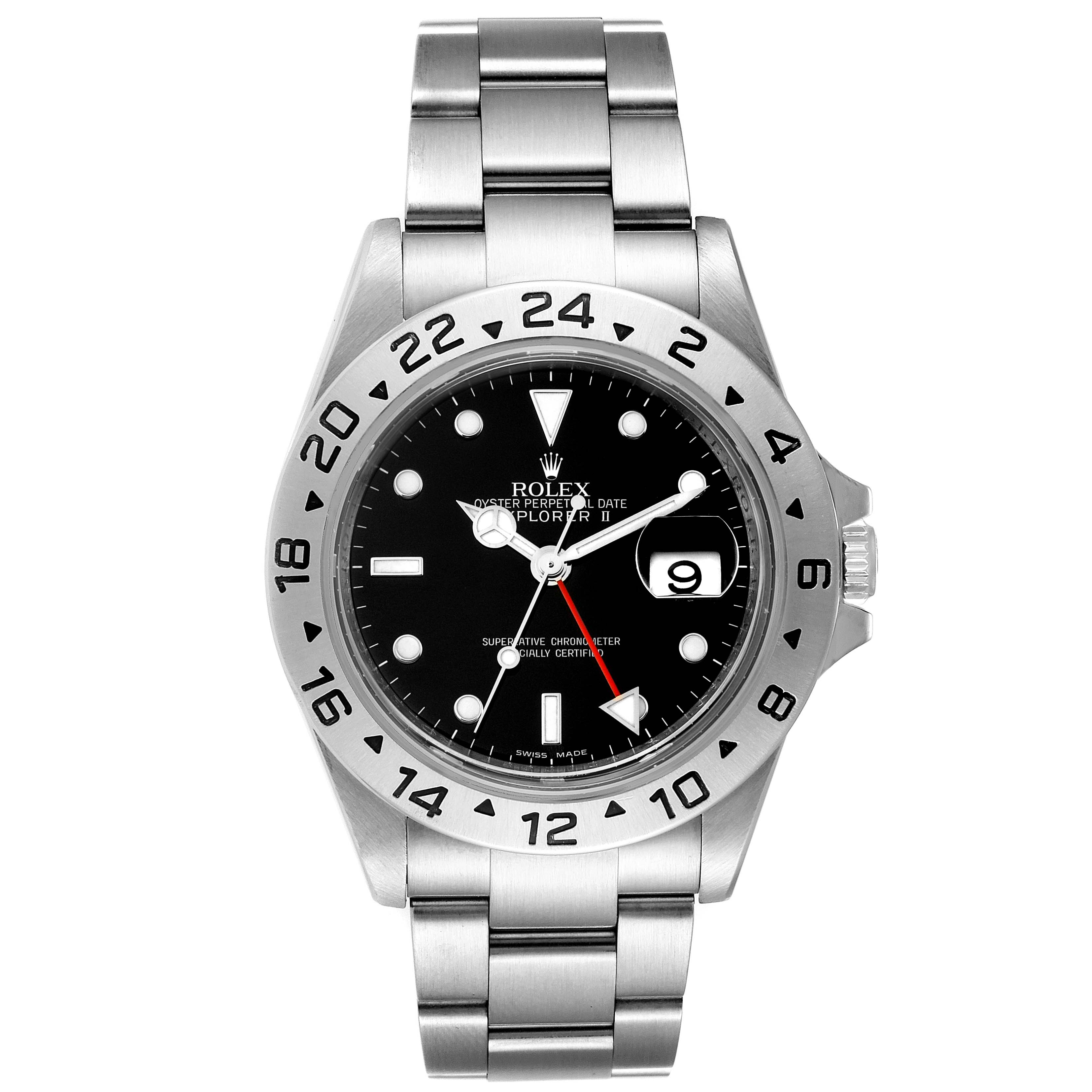 The image shows the front view of a Rolex Explorer 16570 Men's Stainless Steel Black Dial 16570 Men's Stainless Steel Black Dial watch, highlighting its dial, bezel, and bracelet.