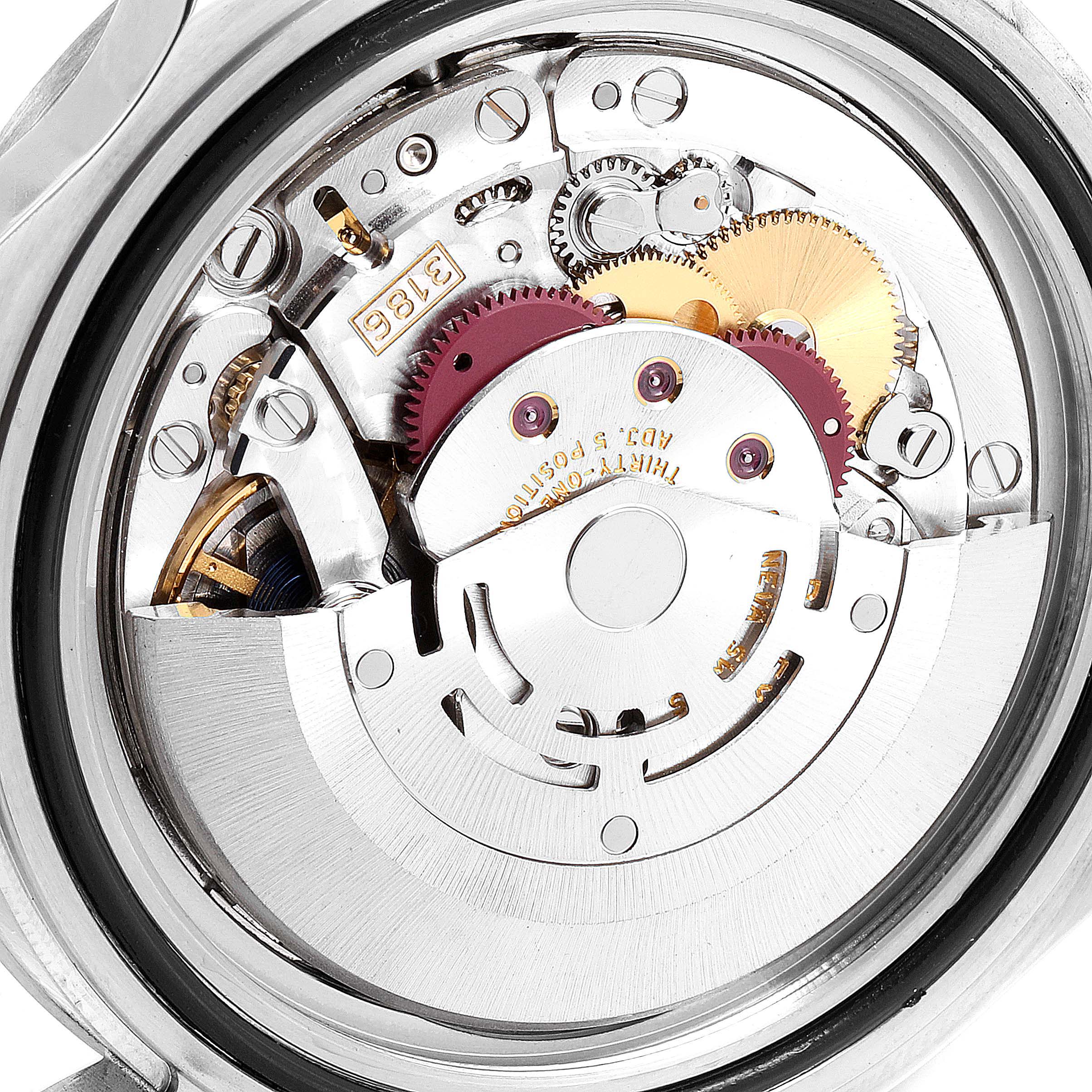 The image shows an internal view of the Rolex Explorer 16570 Men's Stainless Steel Black Dial 16570 Men's Stainless Steel Black Dial model, highlighting the intricate movement and gears.