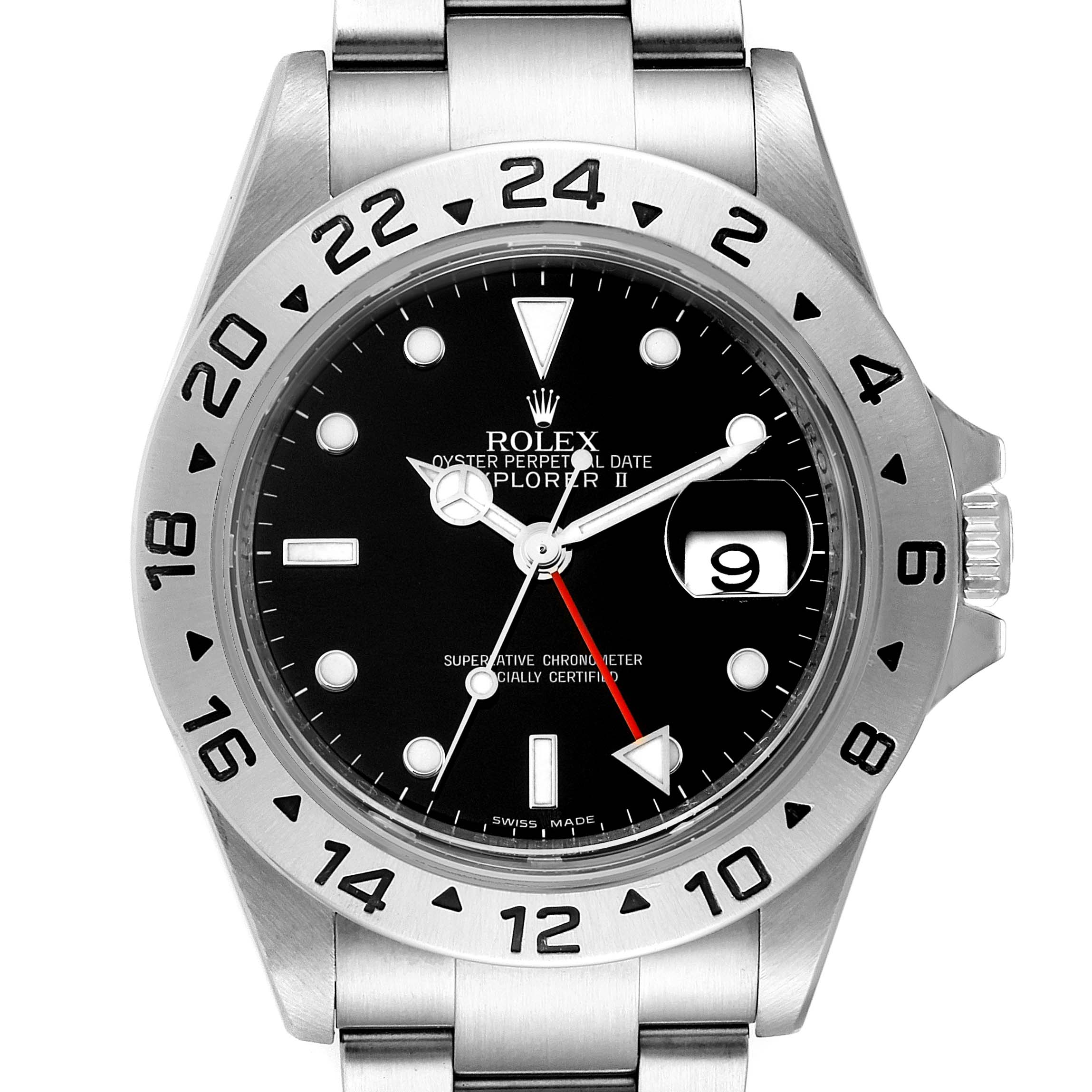 The image shows the front view of a Rolex Explorer 16570 Men's Stainless Steel Black Dial 16570 Men's Stainless Steel Black Dial watch, highlighting the dial, bezel, and part of the bracelet.