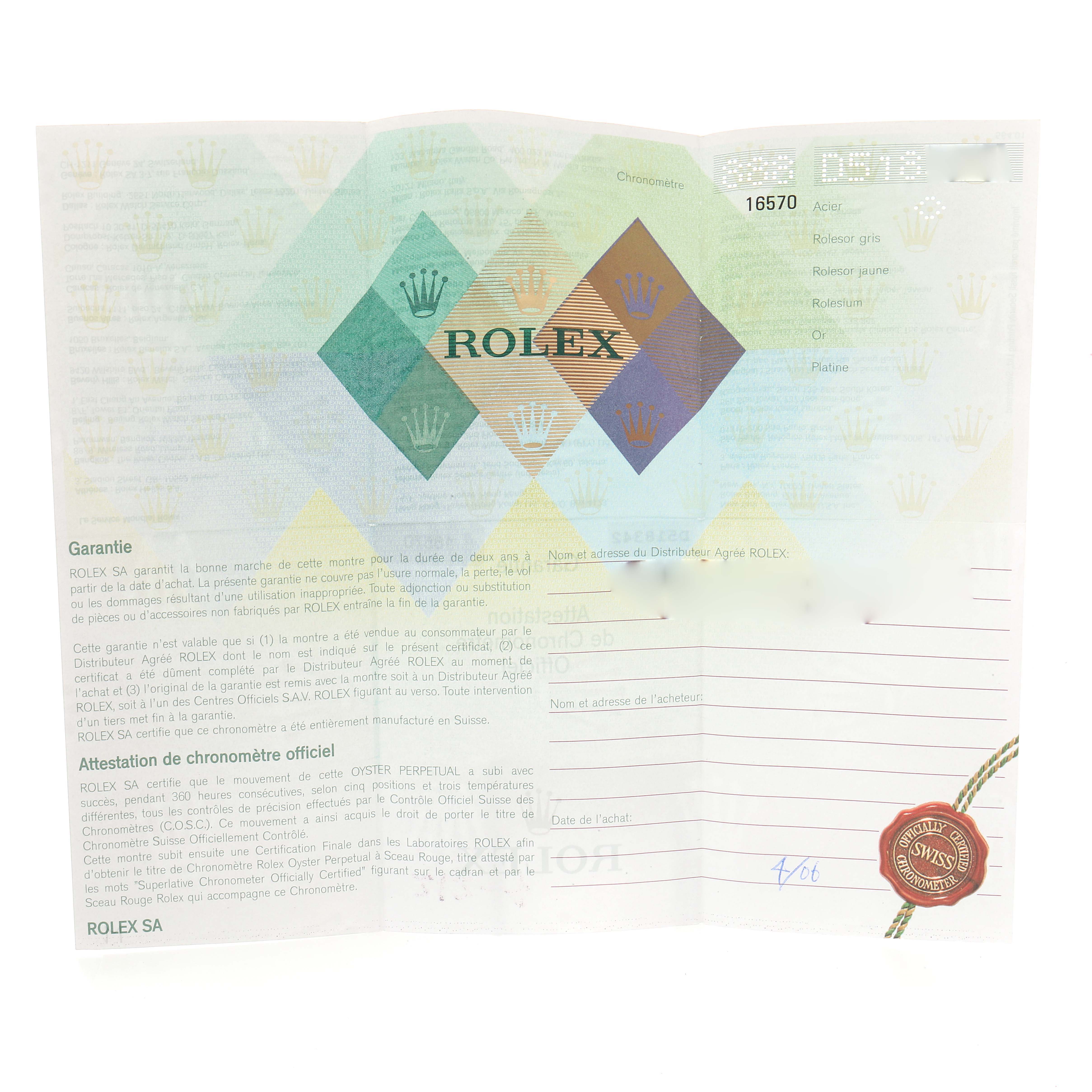 The image shows the warranty card for a Rolex Explorer 16570 Men
s Stainless Steel Black Dial 16570 Men
s Stainless Steel Black Dial model, featuring the brand
s logo, details, and a seal.