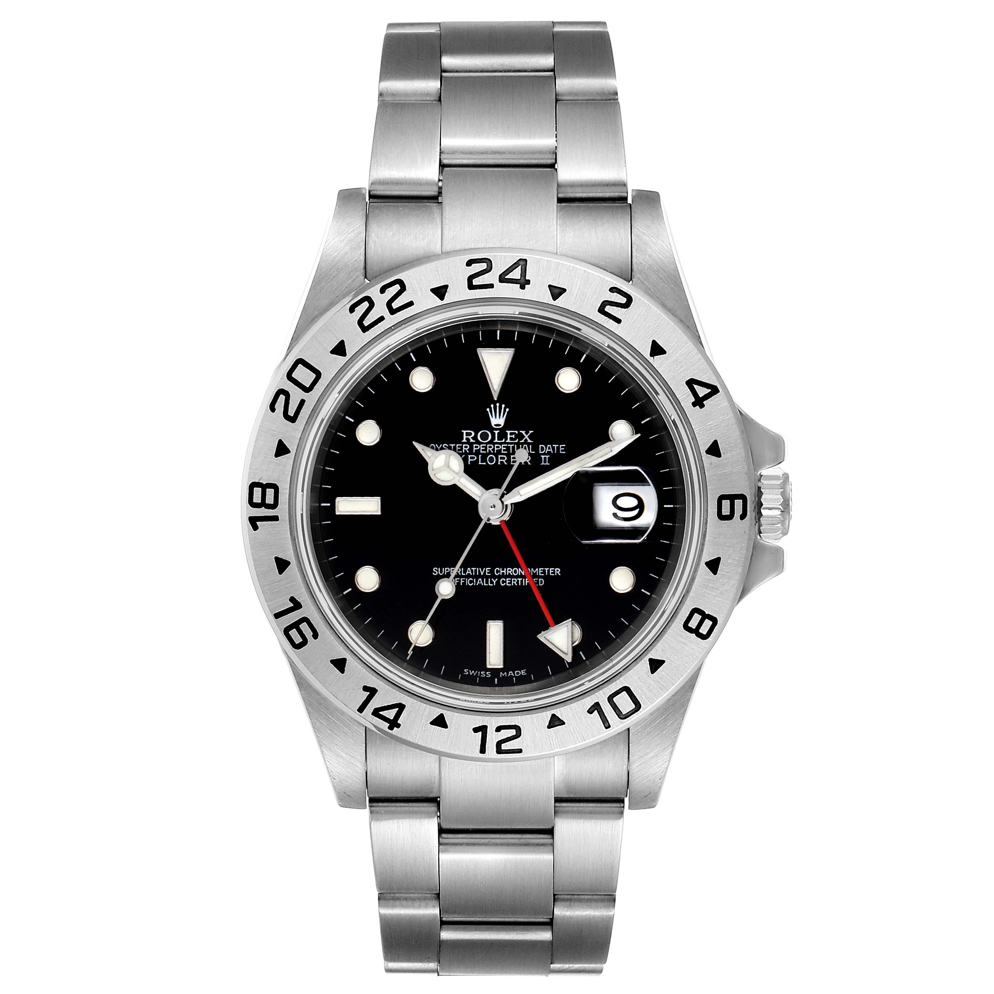The image shows a front view of the Rolex Explorer 16570 Men
s Stainless Steel Black Dial 16570 Men
s Stainless Steel Black Dial watch, detailing the dial, bezel, crown, and stainless steel bracelet.