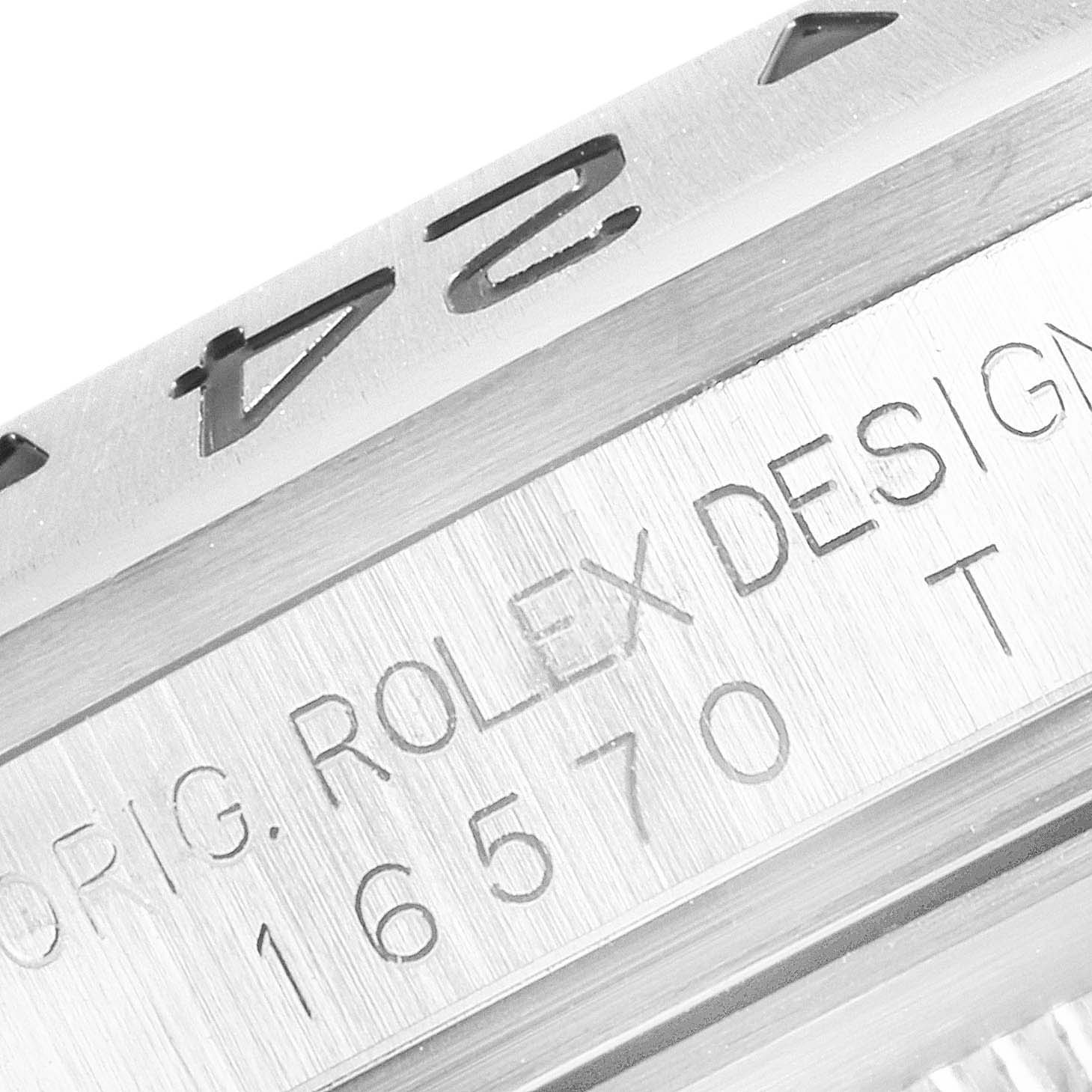 Close-up of the bezel and part of the case, showing the model number and "ROLEX DESIGN" engraving on the Rolex Explorer 16570 Men
s Stainless Steel Black Dial 16570 Men
s Stainless Steel Black Dial.