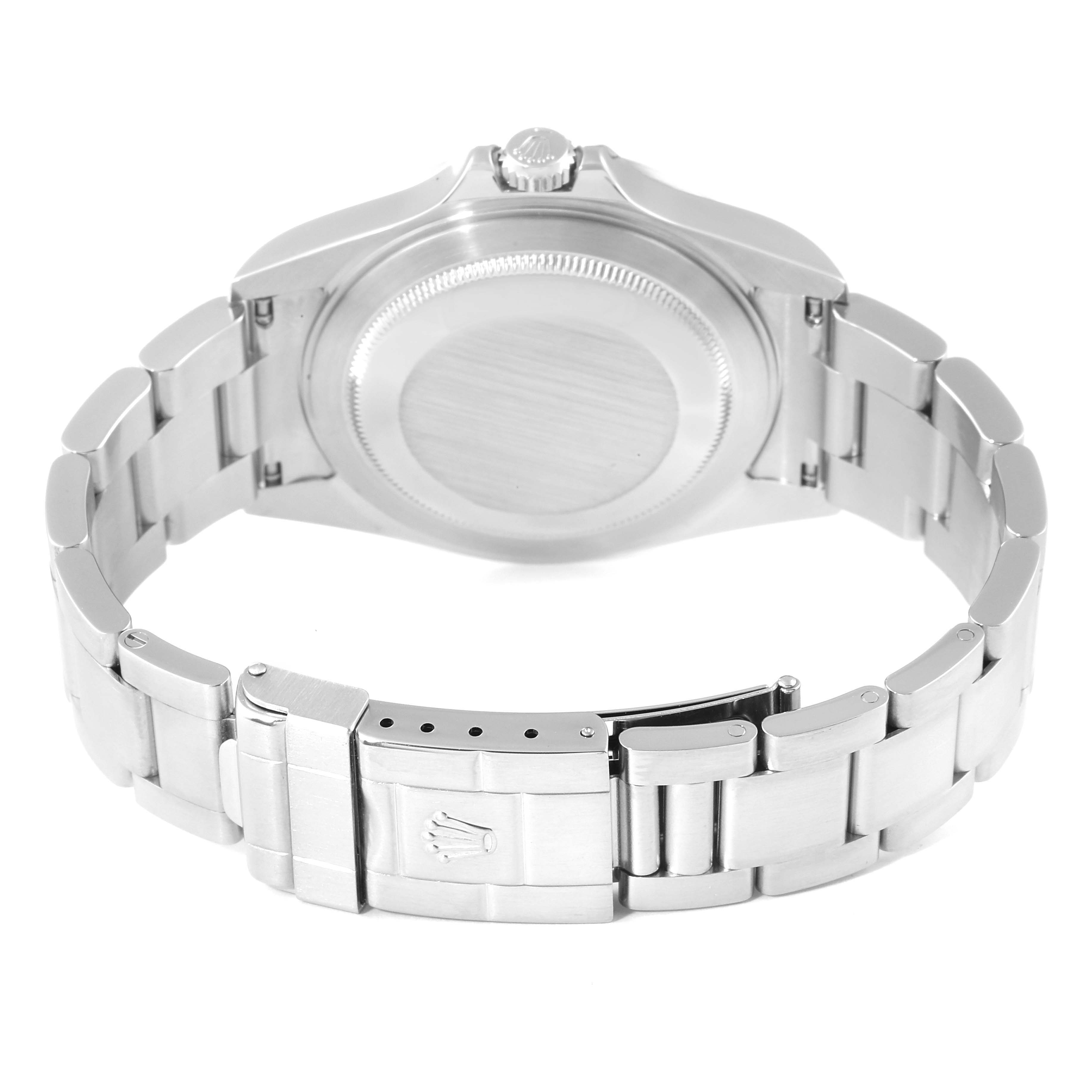 The image shows the back view of a Rolex Explorer 16570 Men
s Stainless Steel Black Dial 16570 Men
s Stainless Steel Black Dial watch, highlighting the case back, bracelet, and clasp.