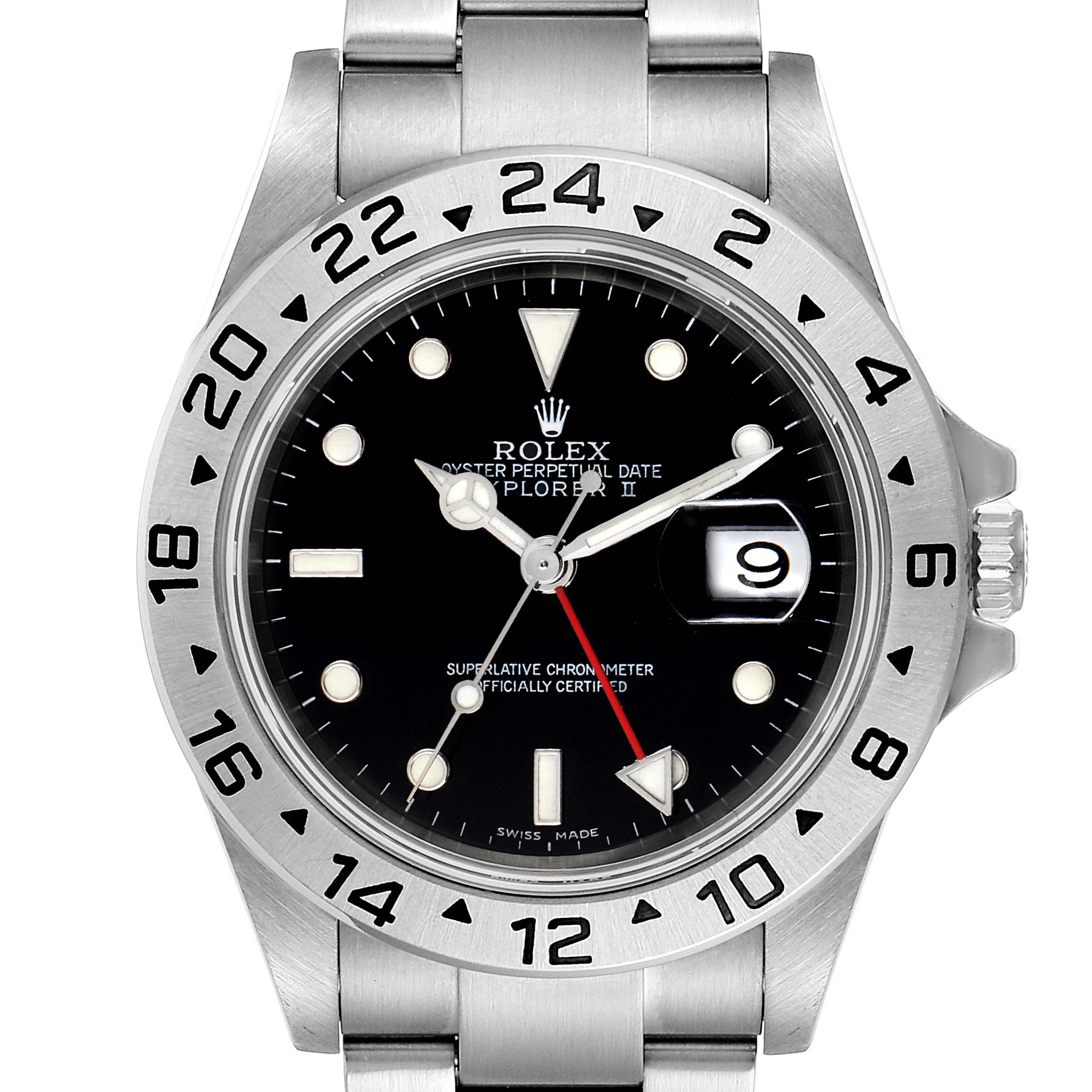 The image shows a front view of a Rolex Explorer 16570 Men
s Stainless Steel Black Dial 16570 Men
s Stainless Steel Black Dial watch, detailing the watch face, bezel, and bracelet.
