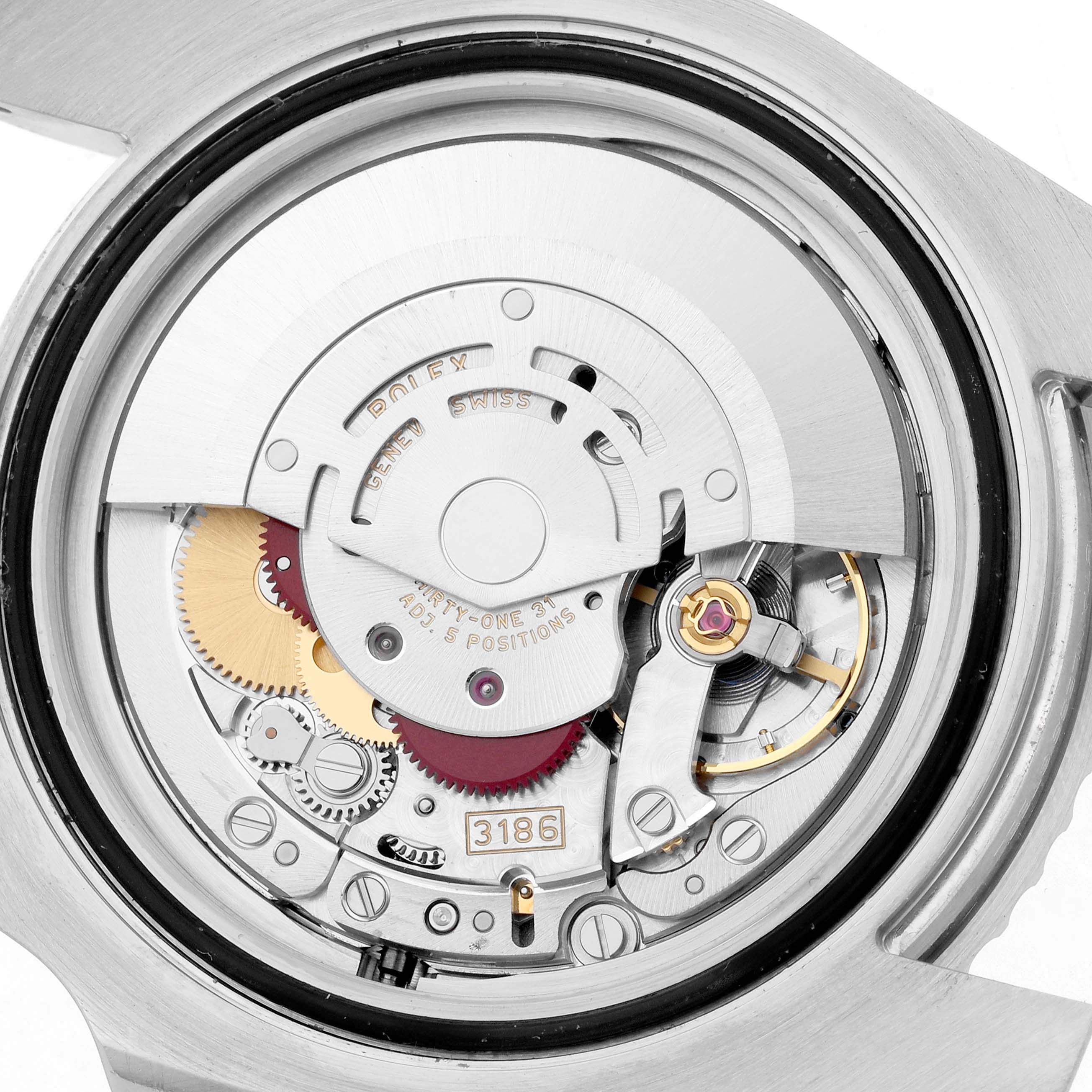 The image shows the movement of a Rolex GMT-Master 116710 Men's Stainless Steel Black Dial, highlighting its intricate internal mechanisms.