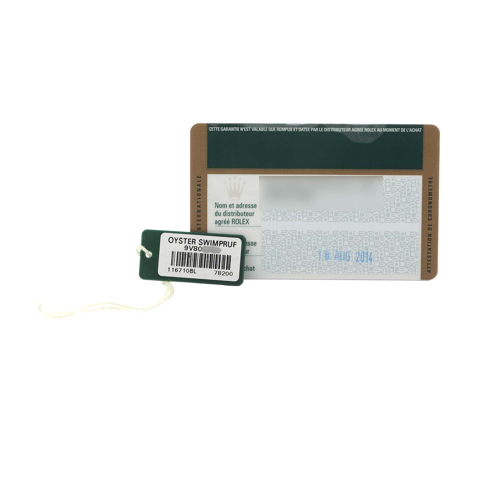 The image shows the warranty card and hang tag of a Rolex GMT-Master 116710 Men's Stainless Steel Black Dial.