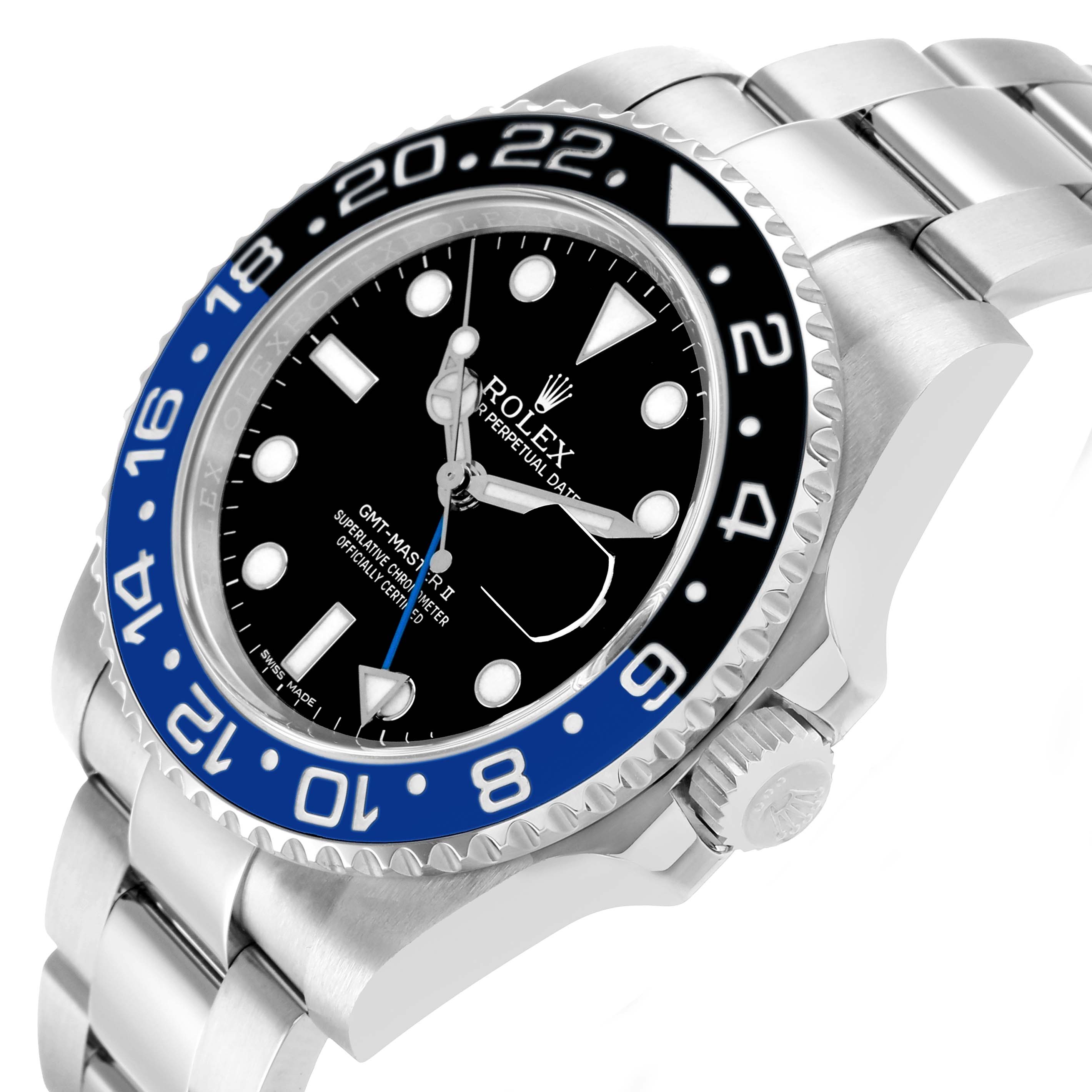 The Rolex GMT-Master 116710 Men's Stainless Steel Black Dial watch is shown at an angle displaying the bezel, dial, crown, and part of the bracelet.