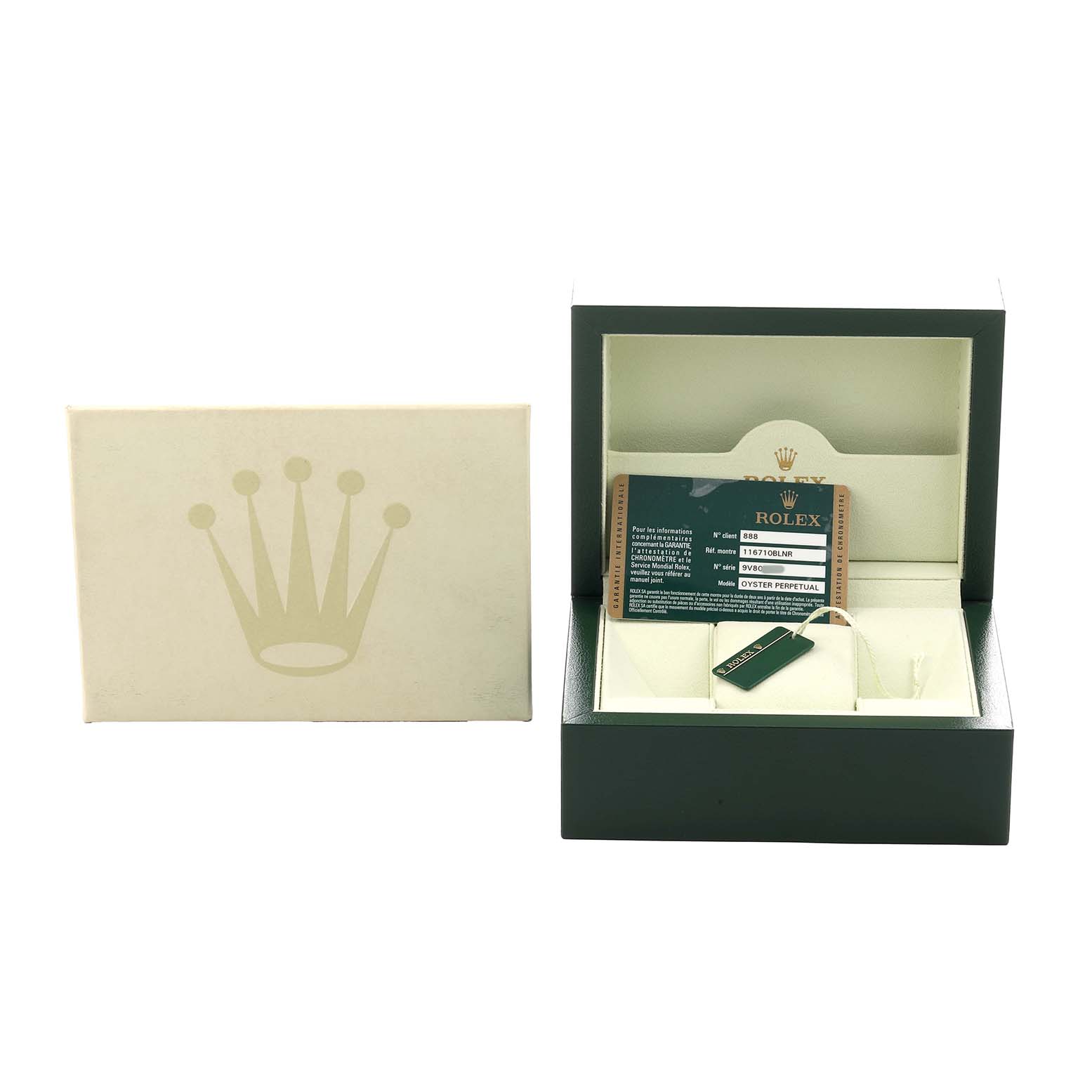 The image shows the packaging and accessories for a Rolex GMT-Master 116710 Men's Stainless Steel Black Dial, including the box, card, and tag.