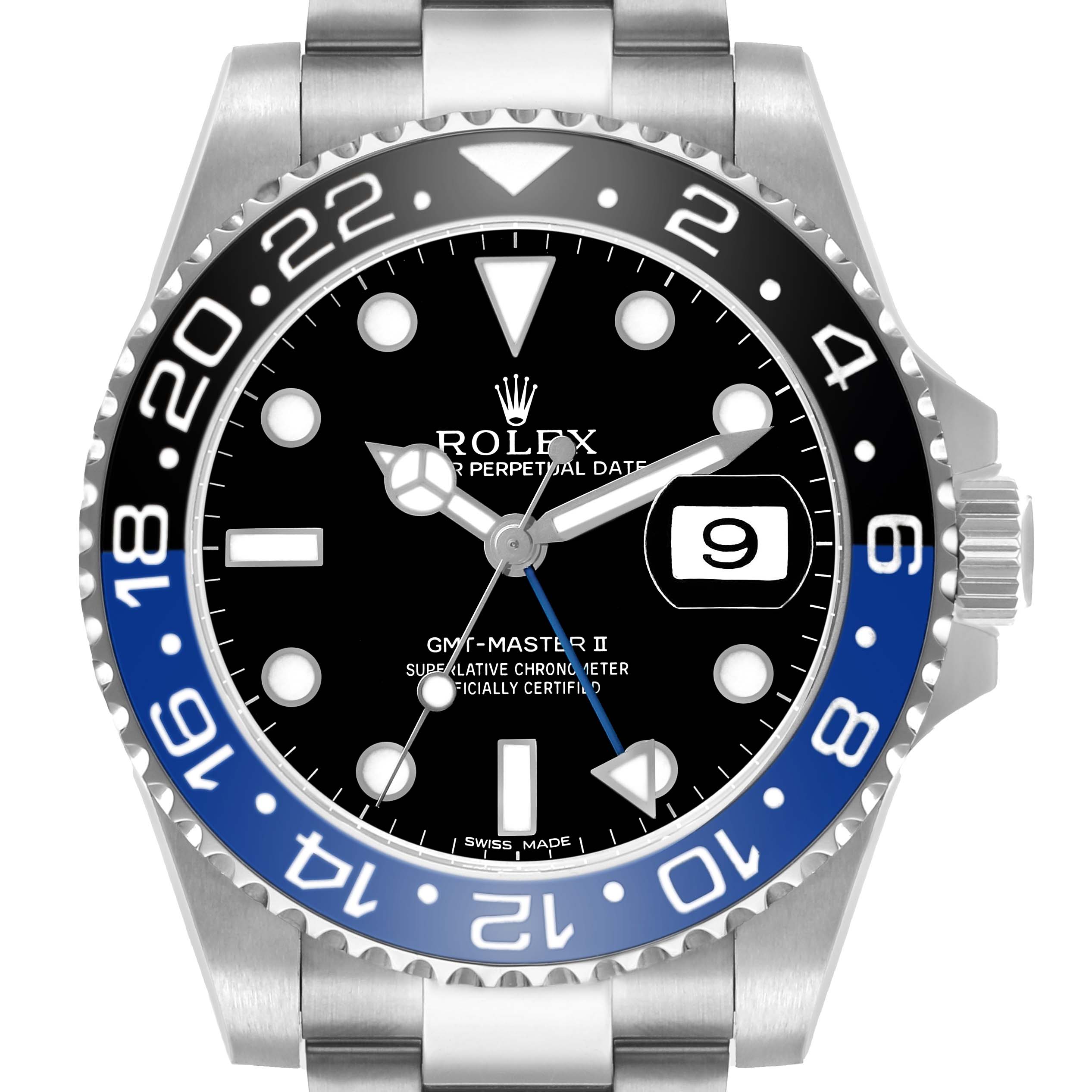 The image shows a front view of a Rolex GMT-Master 116710 Men's Stainless Steel Black Dial II watch, highlighting its bezel, dial, hands, and date window.