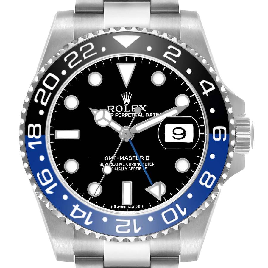 The image shows a front view of a Rolex GMT-Master 116710 Men's Stainless Steel Black Dial II watch, highlighting its bezel, dial, hands, and date window.