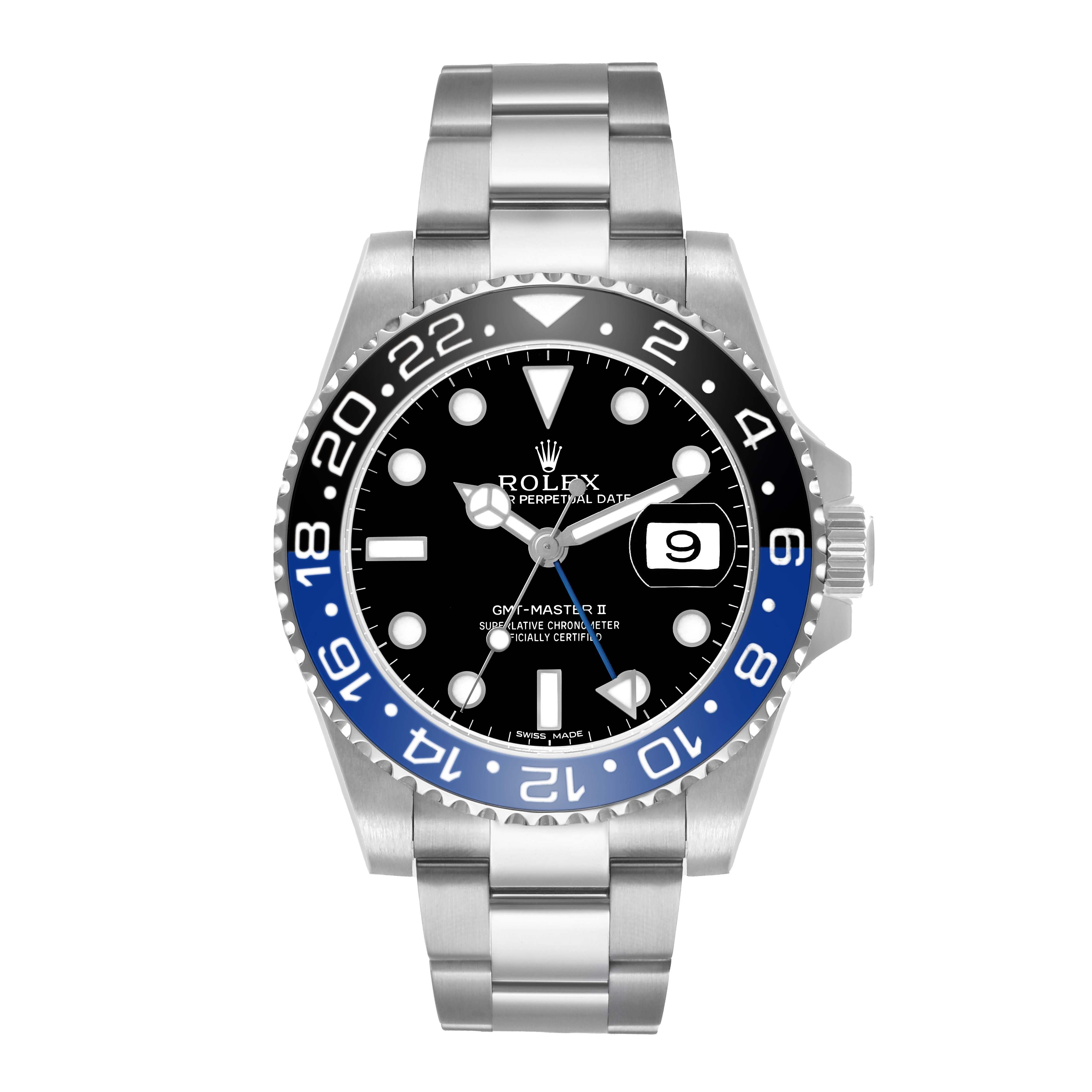 The Rolex GMT-Master 116710 Men's Stainless Steel Black Dial model is shown from a front angle, displaying the dial, bezel, and bracelet.