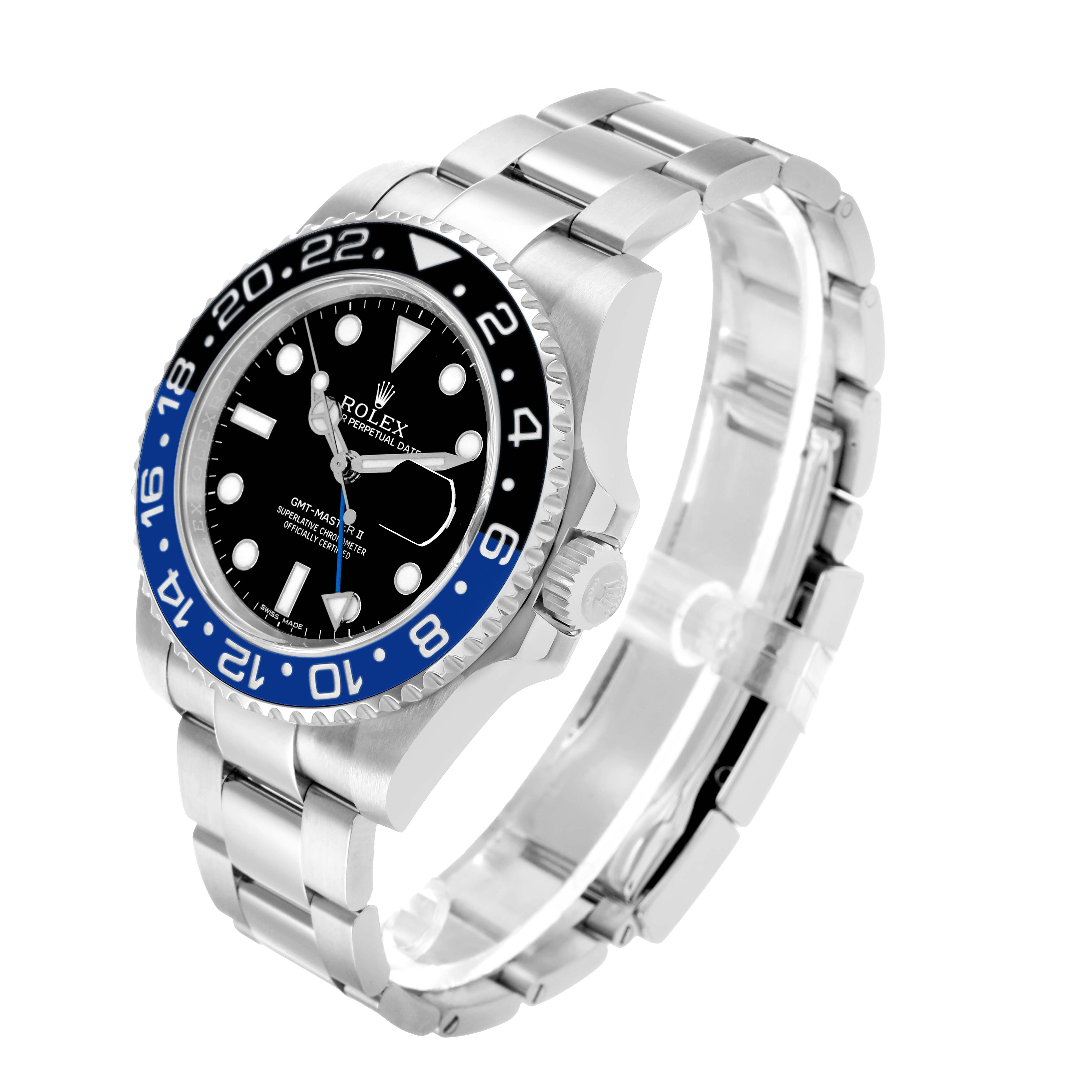 The Rolex GMT-Master 116710 Men's Stainless Steel Black Dial watch is shown at a three-quarter angle, highlighting the bezel, dial, crown, and bracelet.