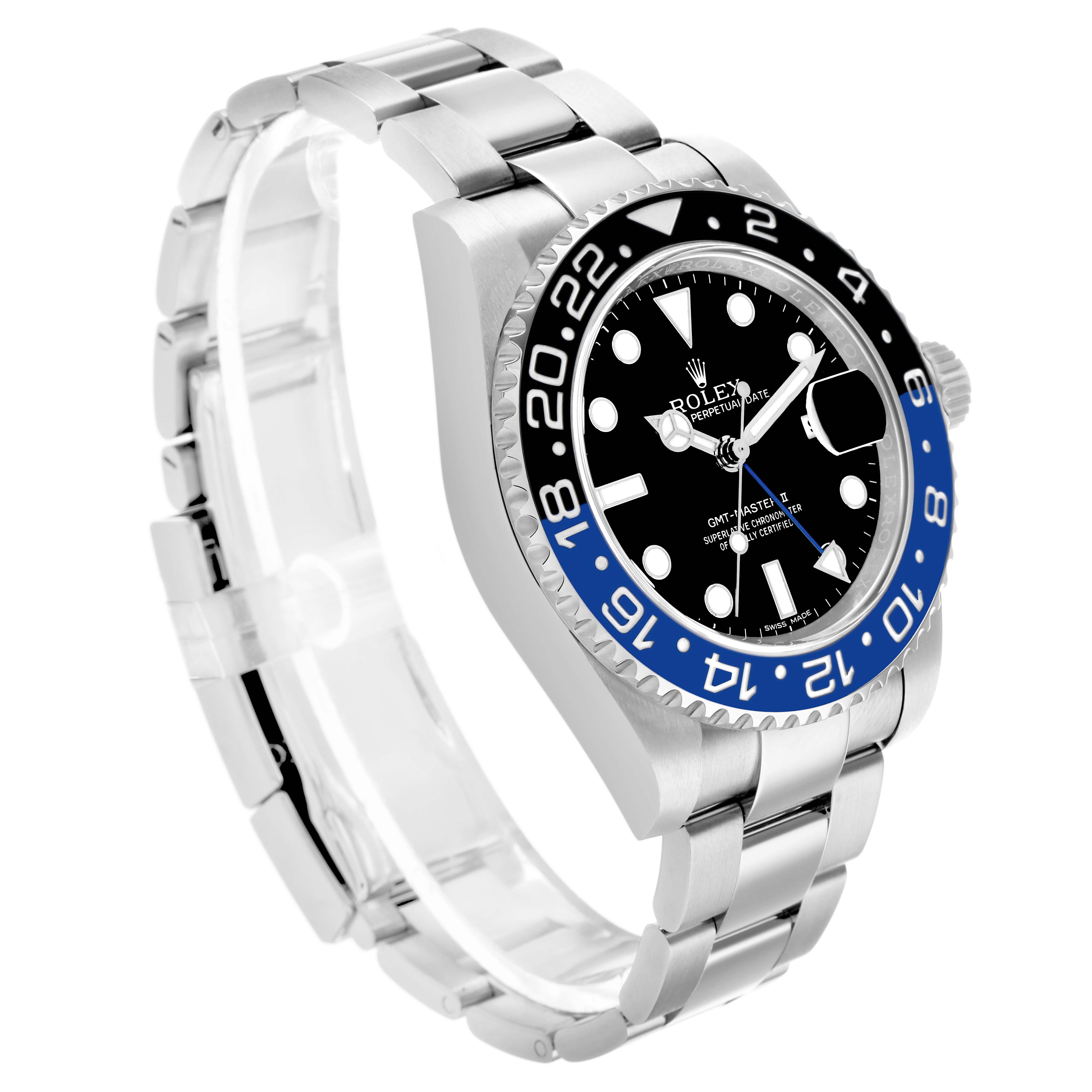 The Rolex GMT-Master 116710 Men's Stainless Steel Black Dial watch is shown at a three-quarter angle, highlighting the bezel, dial, case, and part of the bracelet.