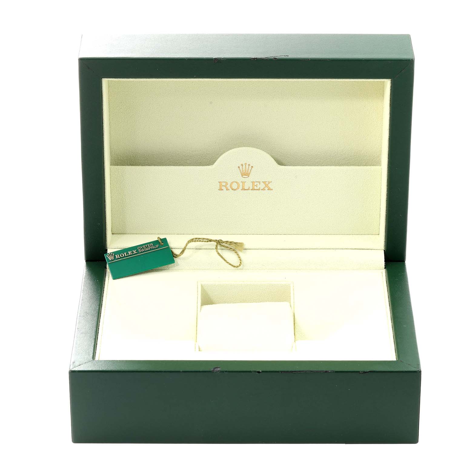 The image shows an open green and cream-colored Rolex box for a GMT-Master model, including a green Rolex tag.