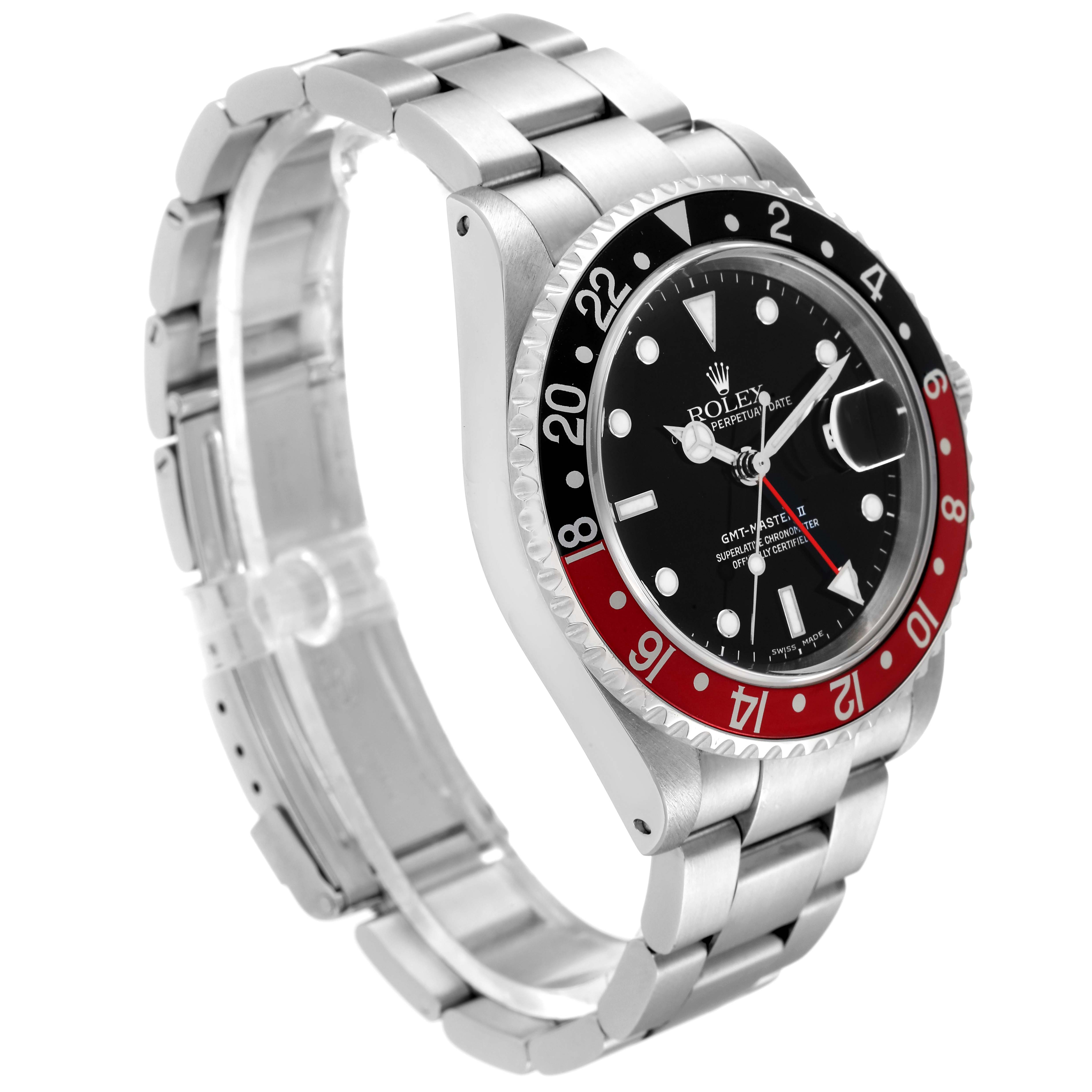 The image shows a side view of the Rolex GMT-Master 16710 Men's Stainless Steel Black Dial 16710 Men's Stainless Steel Black Dial watch, highlighting its bezel, dial, and metal bracelet.