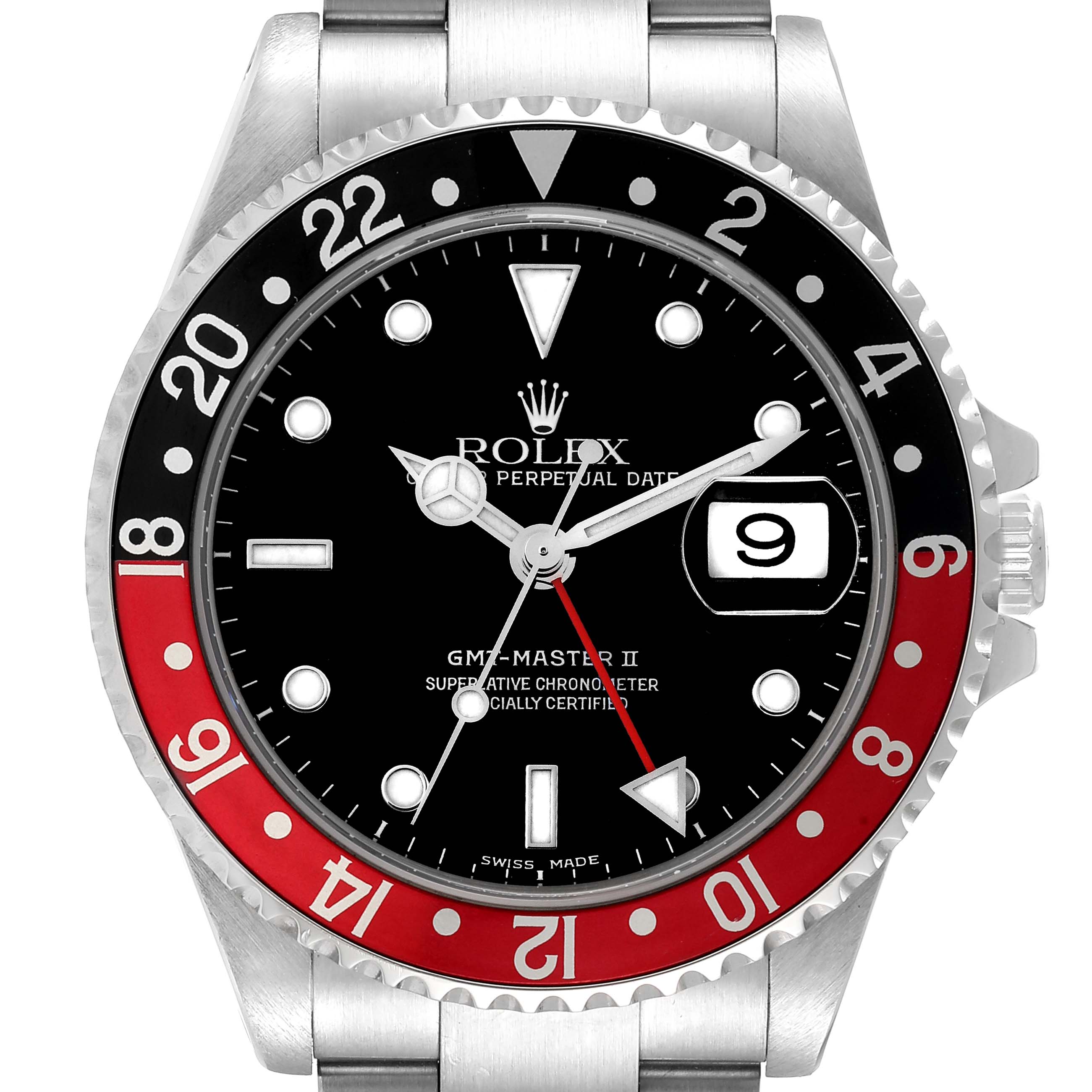 The image shows a front view of a Rolex GMT-Master 16710 Men's Stainless Steel Black Dial 16710 Men's Stainless Steel Black Dial II watch, highlighting its black and red bezel, dial, and date window.