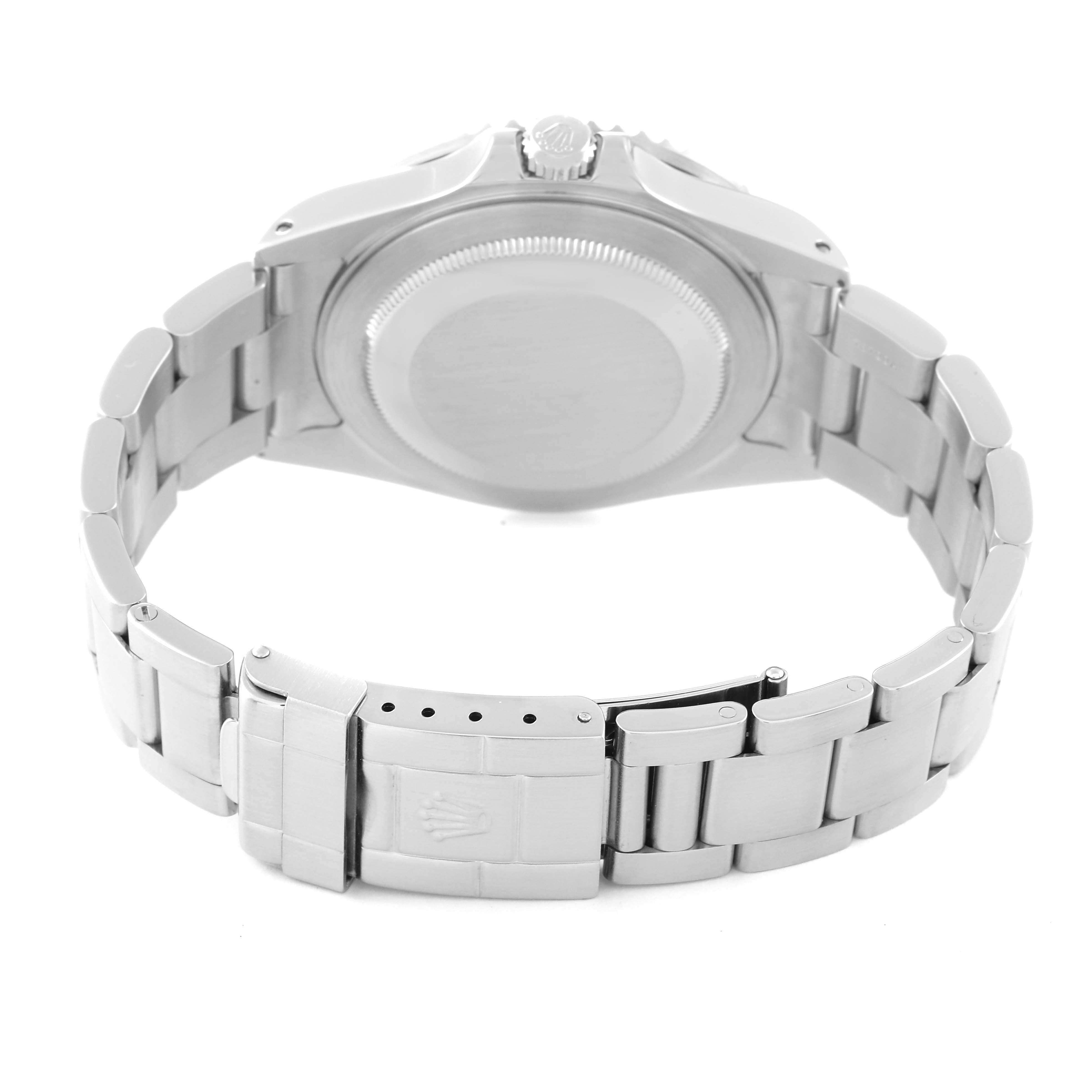 This image shows the back view of a Rolex GMT-Master 16710 Men's Stainless Steel Black Dial 16710 Men's Stainless Steel Black Dial watch focusing on its case back and bracelet.