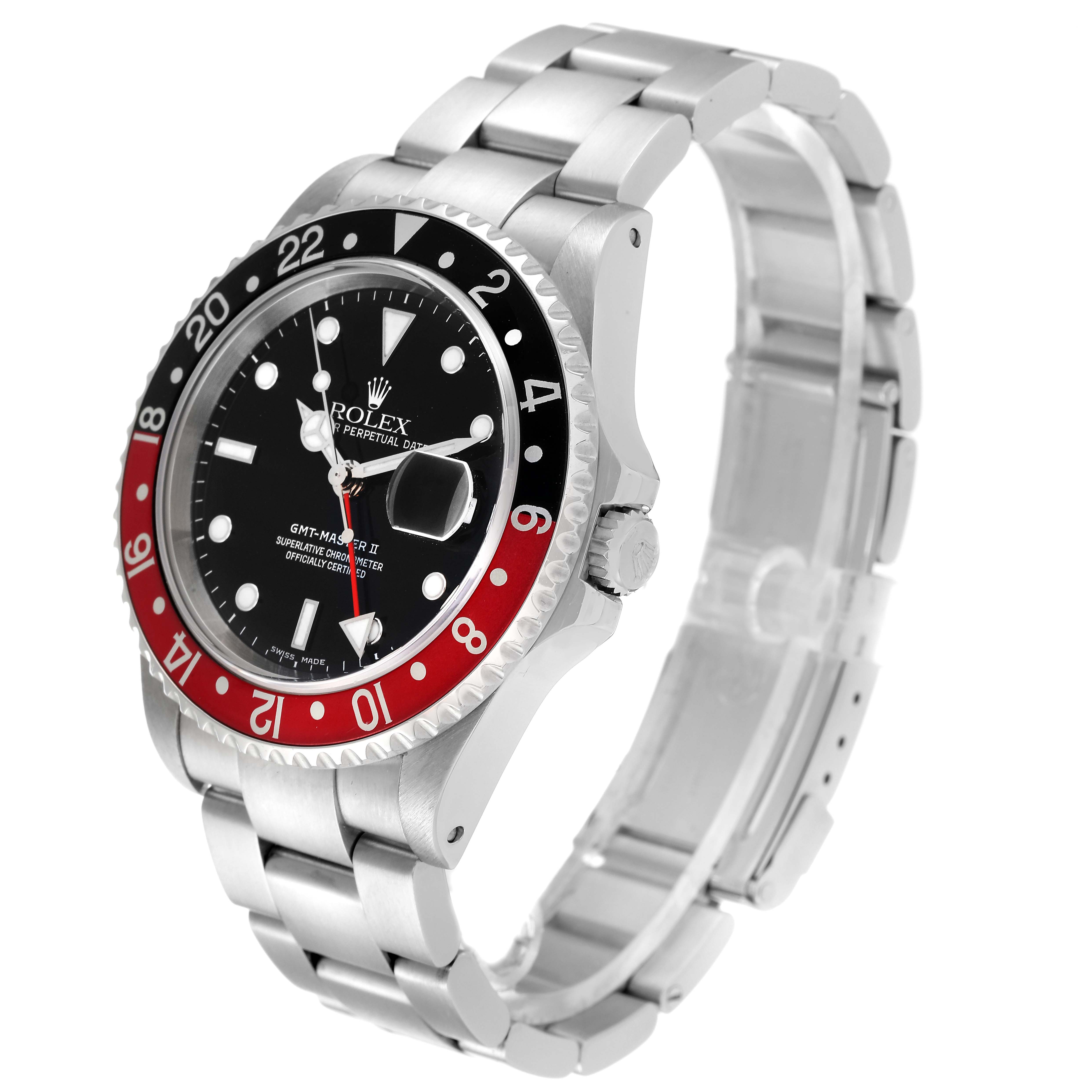 The Rolex GMT-Master 16710 Men's Stainless Steel Black Dial 16710 Men's Stainless Steel Black Dial watch is shown at an angle displaying the front dial, bezel, and part of the bracelet.