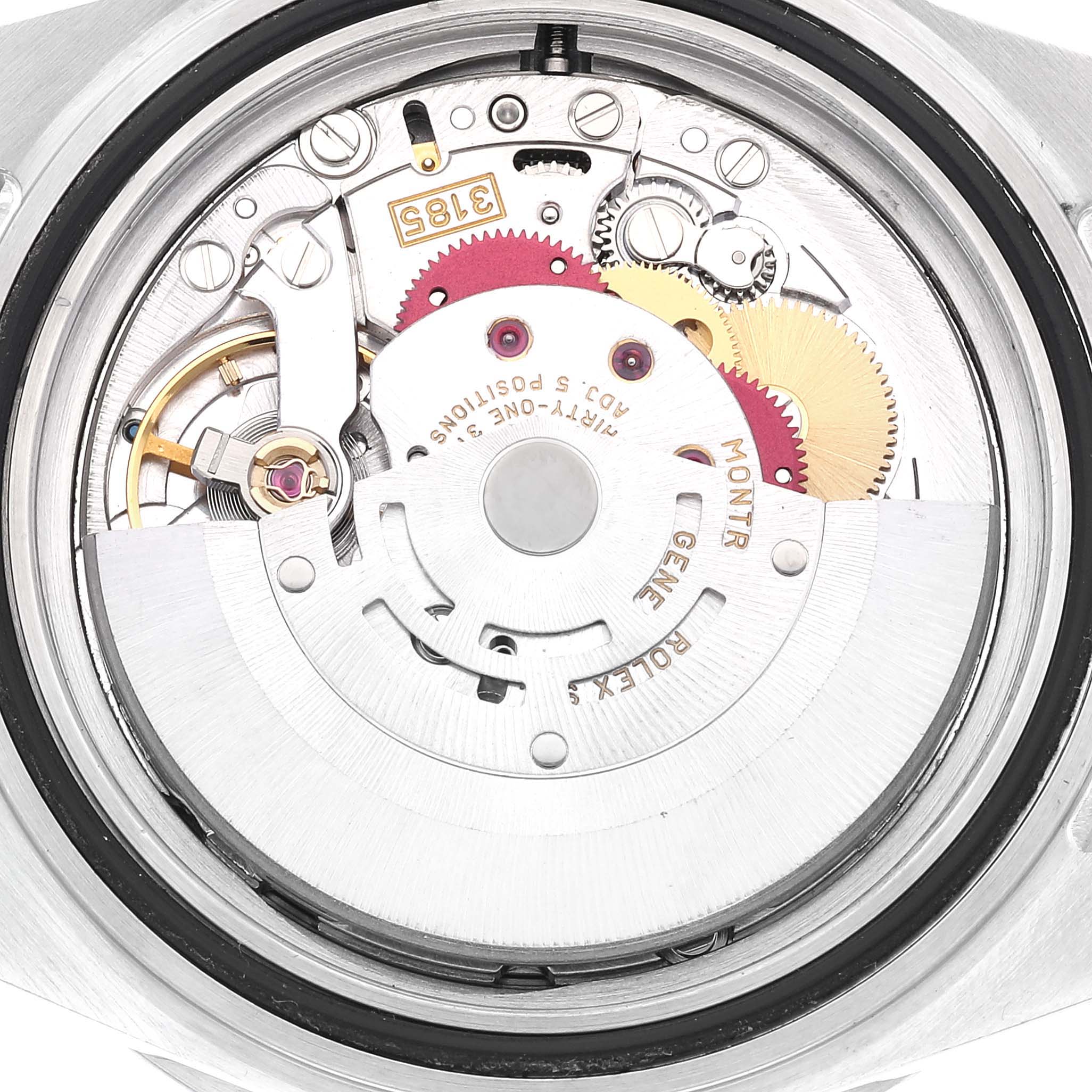 This image shows the internal movement mechanism of a Rolex GMT-Master 16710 Men's Stainless Steel Black Dial 16710 Men's Stainless Steel Black Dial watch from a top-down angle.