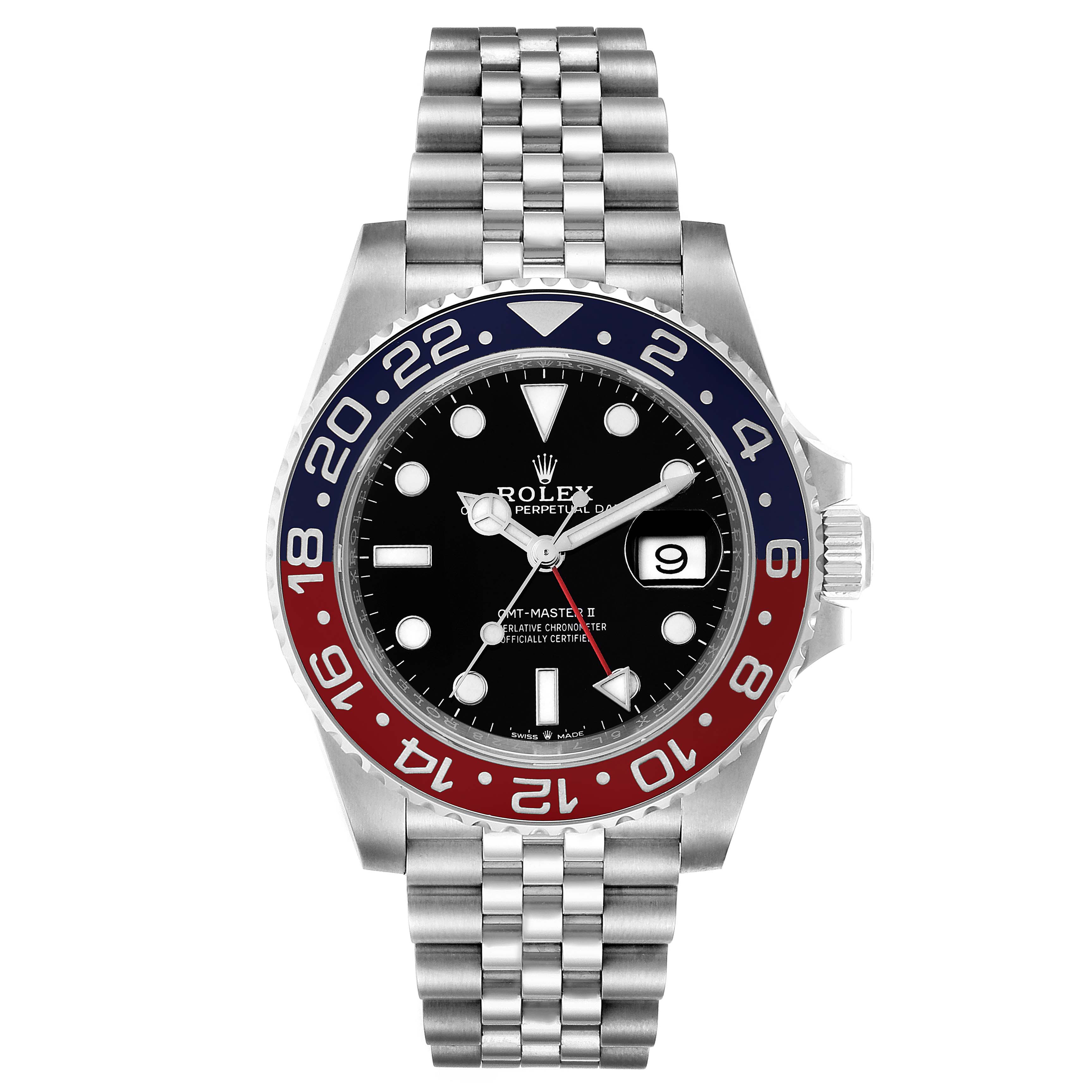 This image shows a front view of the Rolex GMT-Master 126710 Men
s Stainless Steel Black Dial 126710 Men
s Stainless Steel Black Dial II watch with its distinctive bezel and Jubilee bracelet.