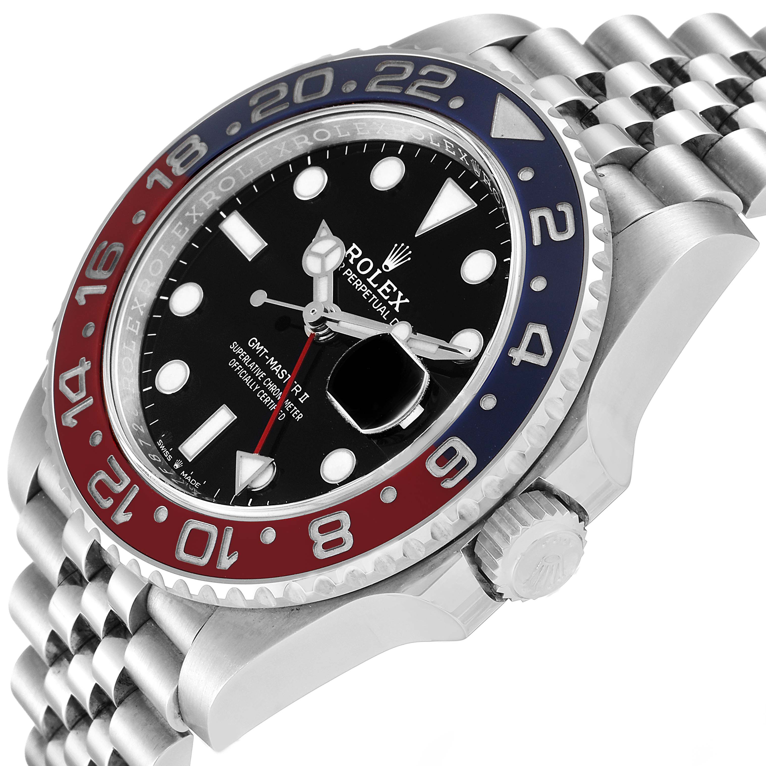 The Rolex GMT-Master 126710 Men
s Stainless Steel Black Dial 126710 Men
s Stainless Steel Black Dial watch is shown at an angled view, highlighting the bezel, dial, crown, and part of the bracelet.