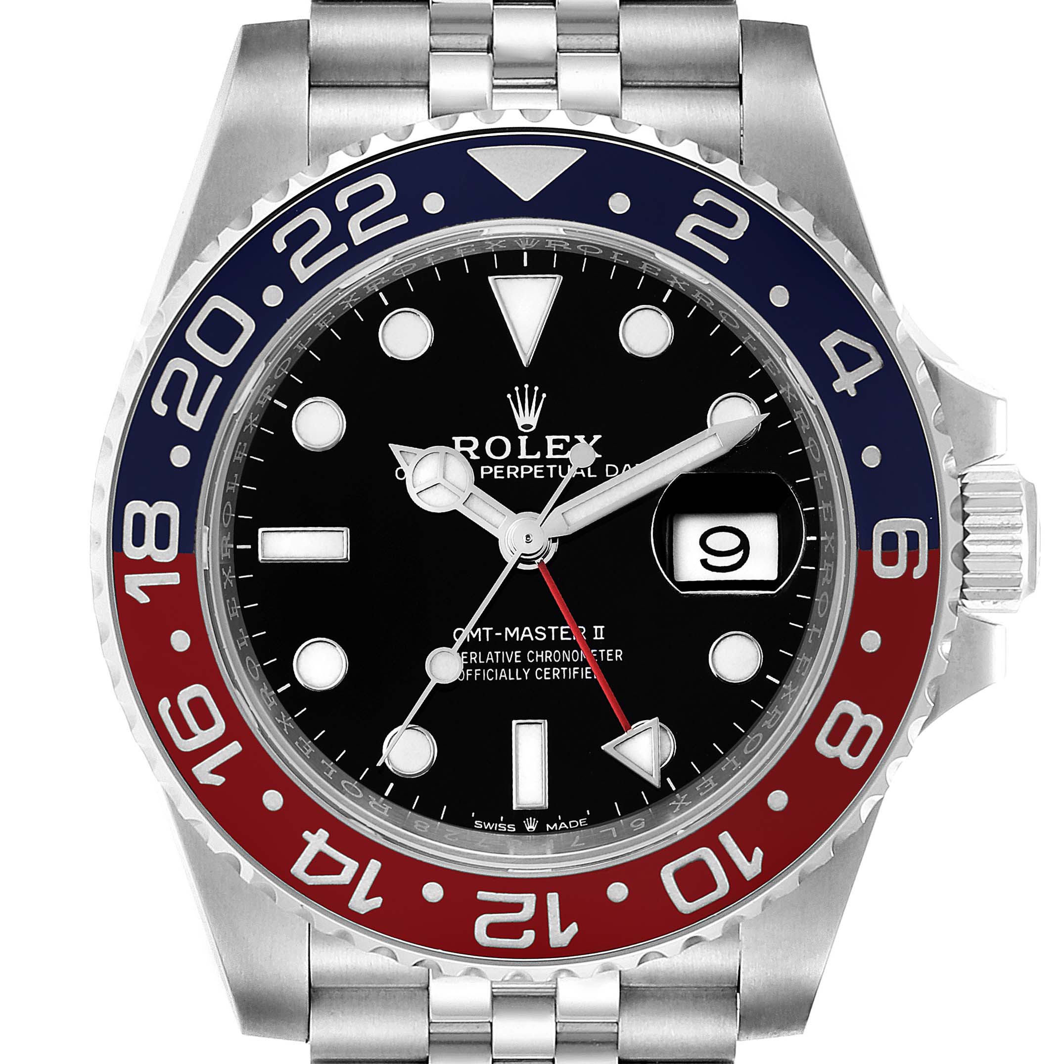 The image shows a front view of the Rolex GMT-Master 126710 Men
s Stainless Steel Black Dial 126710 Men
s Stainless Steel Black Dial II watch, displaying its bezel, dial, and bracelet.