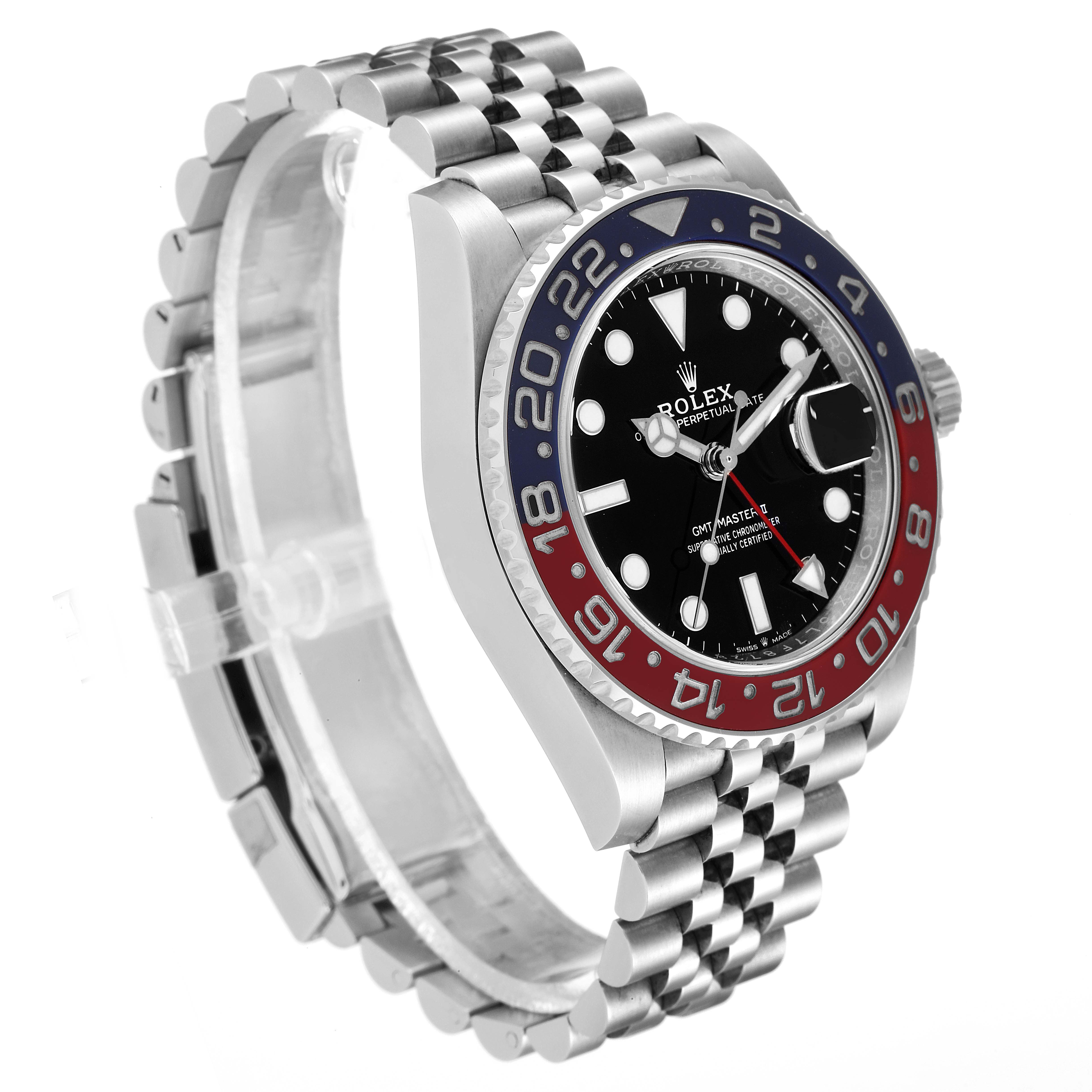 This image shows a Rolex GMT-Master 126710 Men
s Stainless Steel Black Dial 126710 Men
s Stainless Steel Black Dial watch at a slight angle, highlighting the bezel, dial, and bracelet.
