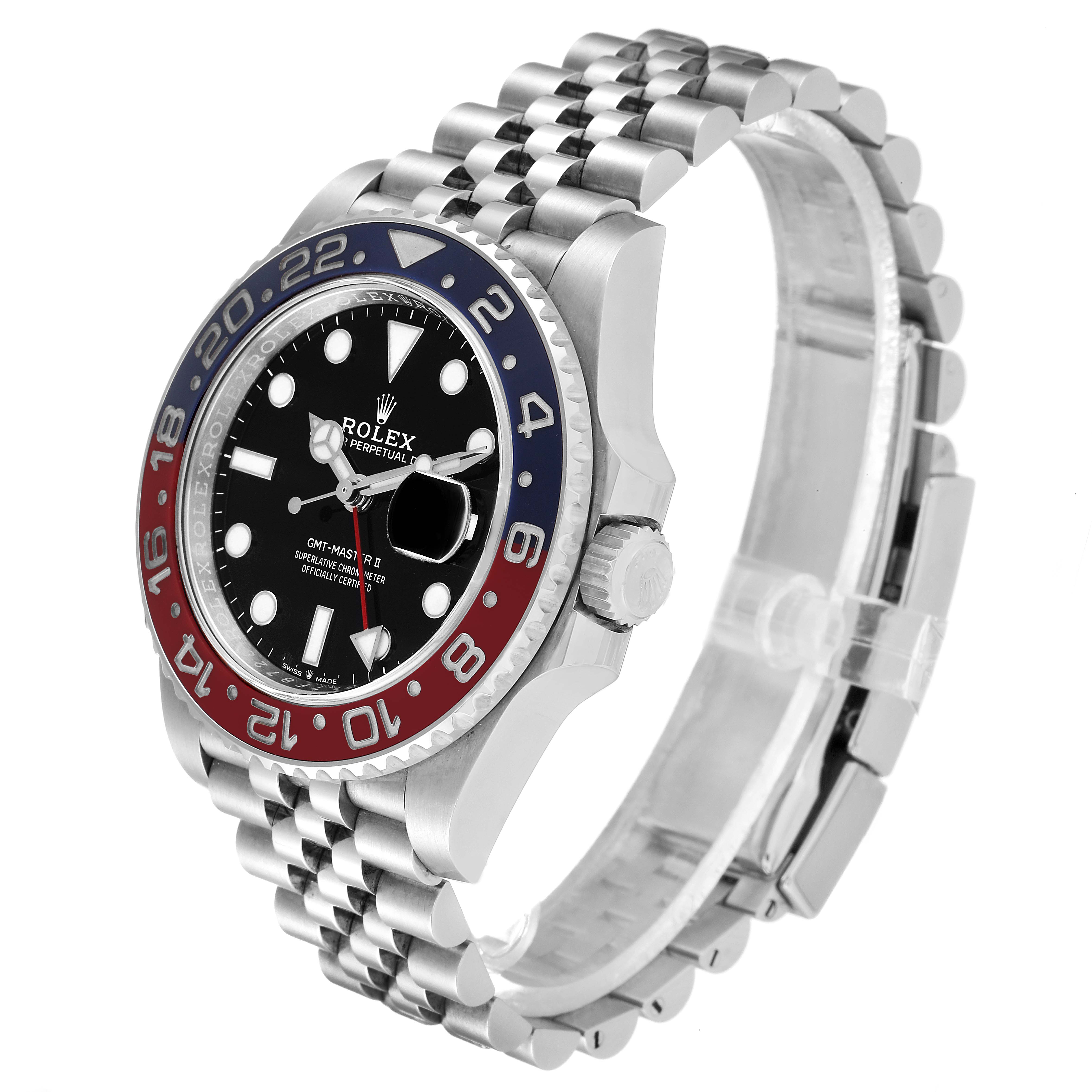 The image shows a Rolex GMT-Master 126710 Men
s Stainless Steel Black Dial 126710 Men
s Stainless Steel Black Dial watch at a side angle, highlighting its bezel, dial, crown, and bracelet.