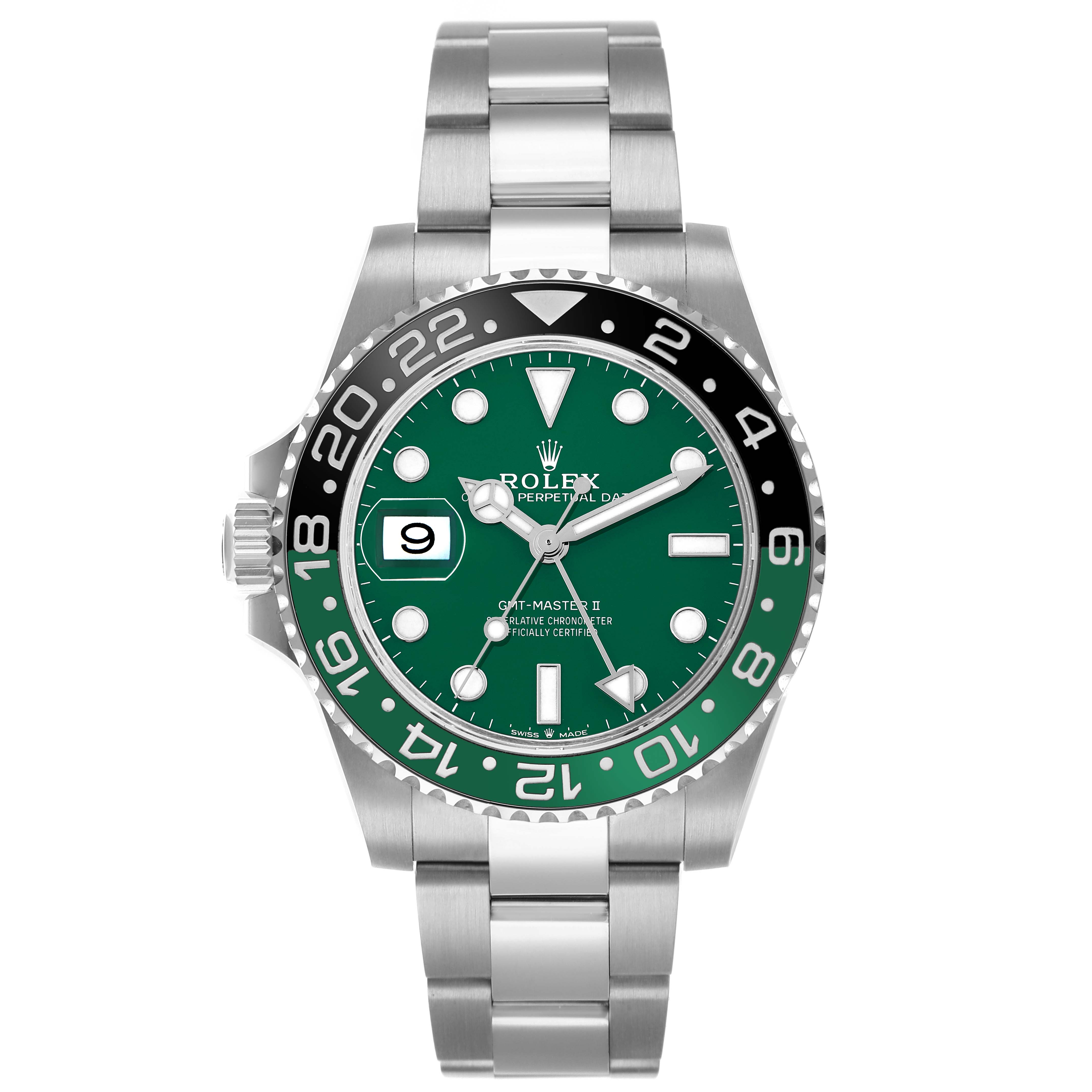 The Rolex GMT-Master 126729VTNR Men's White Gold Green Dial watch is shown front-facing, highlighting the bezel, dial, hands, crown, and bracelet.