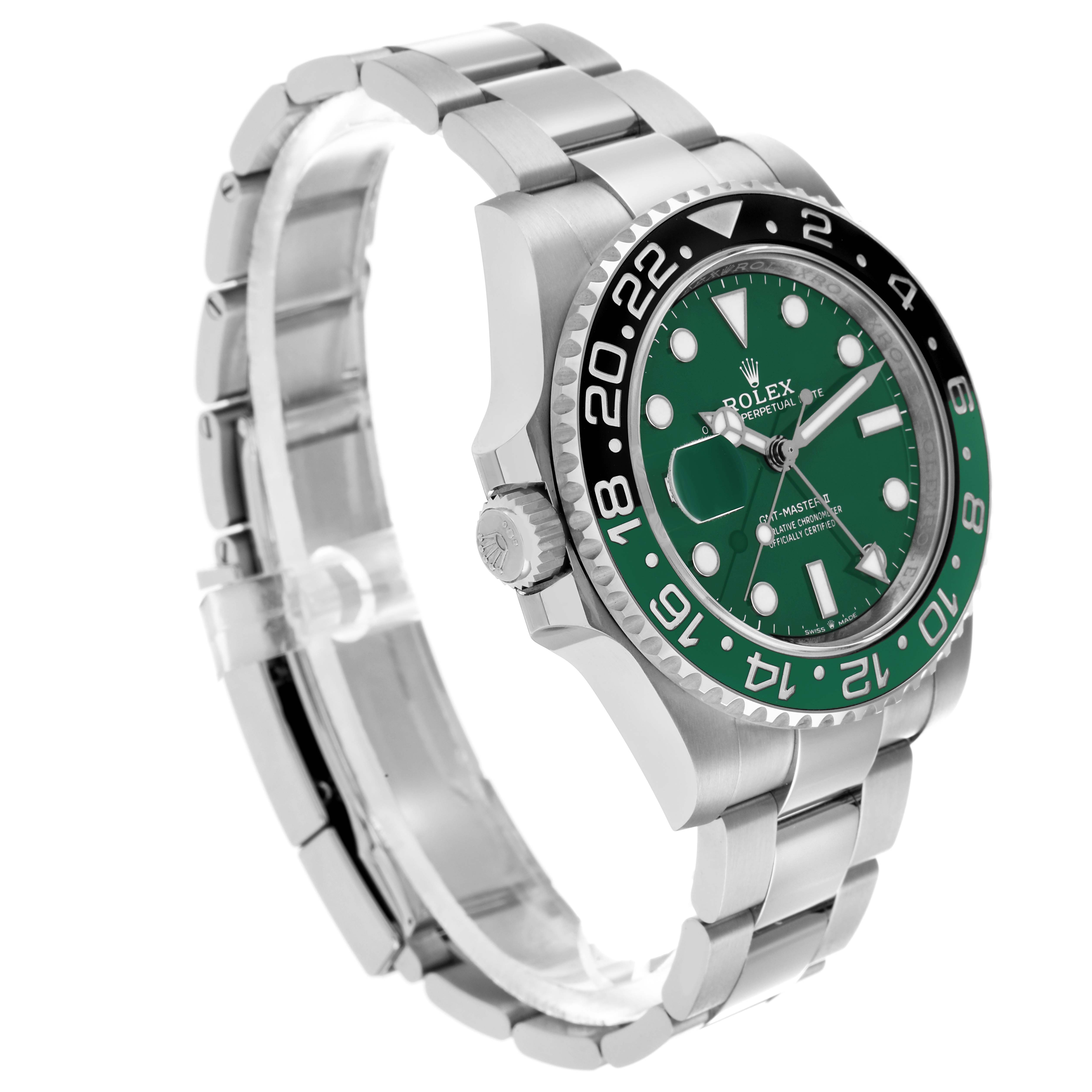 The Rolex GMT-Master 126729VTNR Men's White Gold Green Dial watch is shown at a three-quarter angle, displaying the bezel, dial, bracelet, and crown.