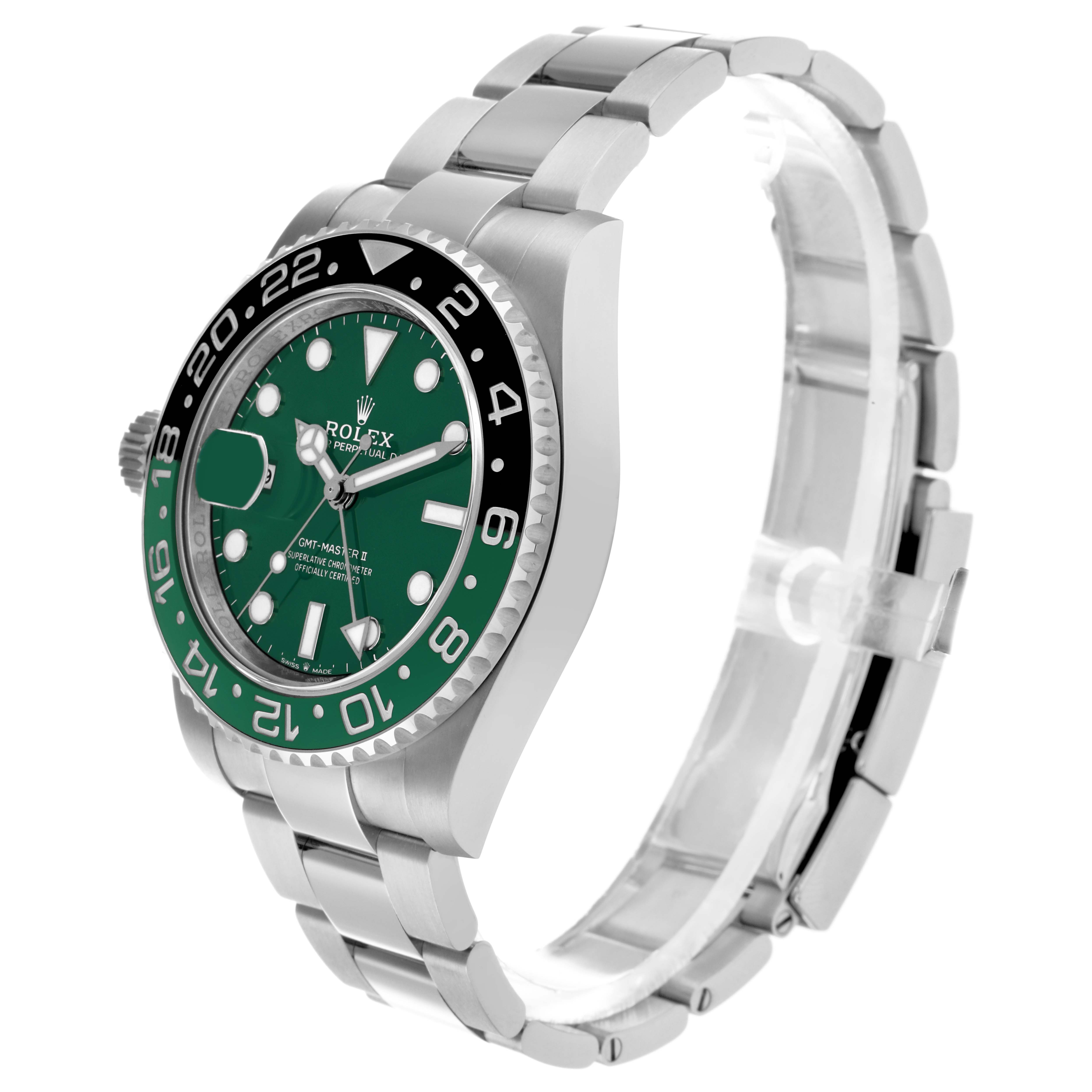 The Rolex GMT-Master 126729VTNR Men's White Gold Green Dial watch is shown at an angled side view, highlighting the bezel, dial, and bracelet.