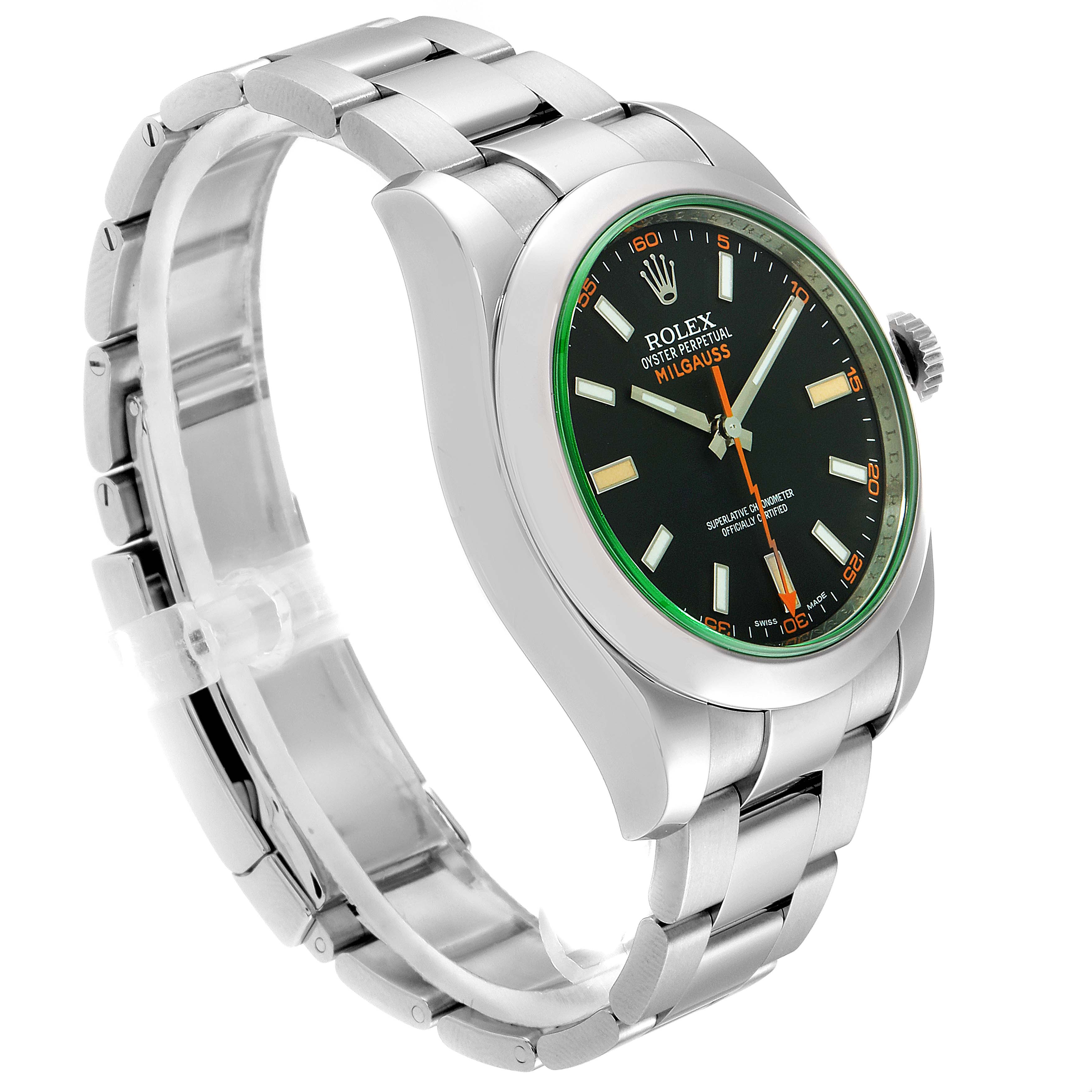 The image shows a Rolex Milgauss 116400V Men's Stainless Steel Black Dial 116400V Men's Stainless Steel Black Dial watch at a three-quarter angle, highlighting the bracelet, dial, bezel, and crown.