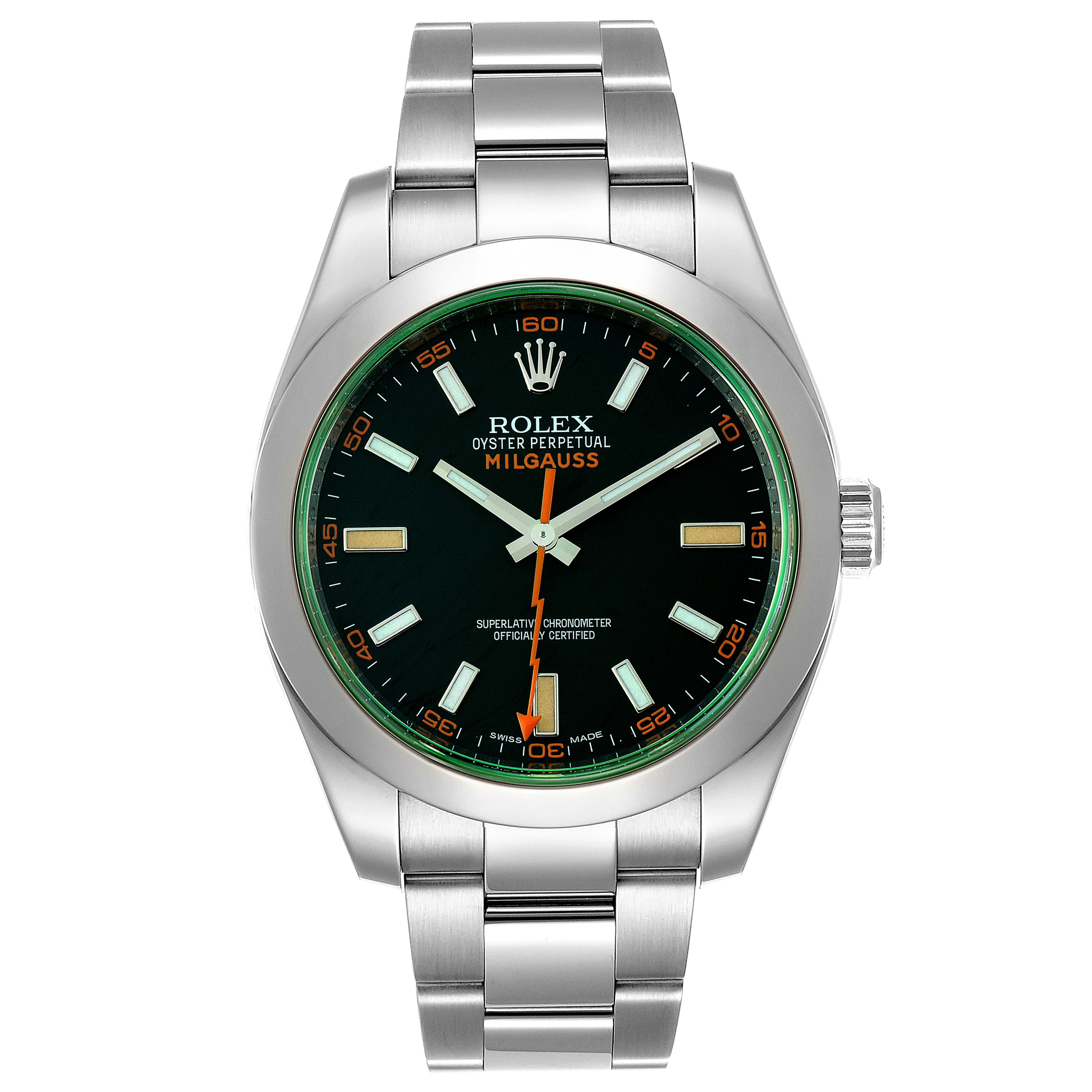 The image shows a front view of the Rolex Milgauss 116400V Men's Stainless Steel Black Dial 116400V Men's Stainless Steel Black Dial watch, displaying its face, bezel, and bracelet.