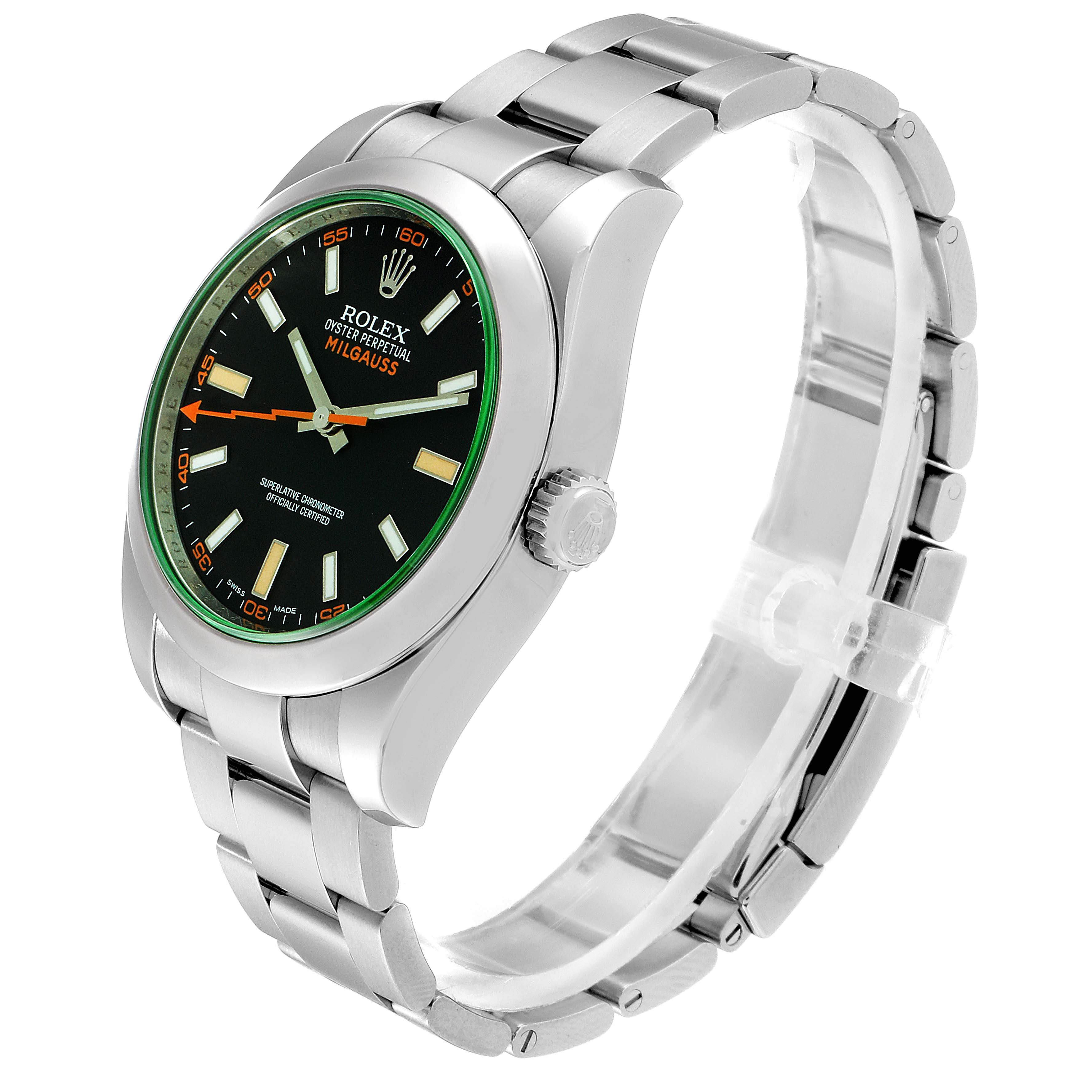 The image shows a side angle of the Rolex Milgauss 116400V Men's Stainless Steel Black Dial 116400V Men's Stainless Steel Black Dial watch, displaying its face, crown, and metal bracelet.