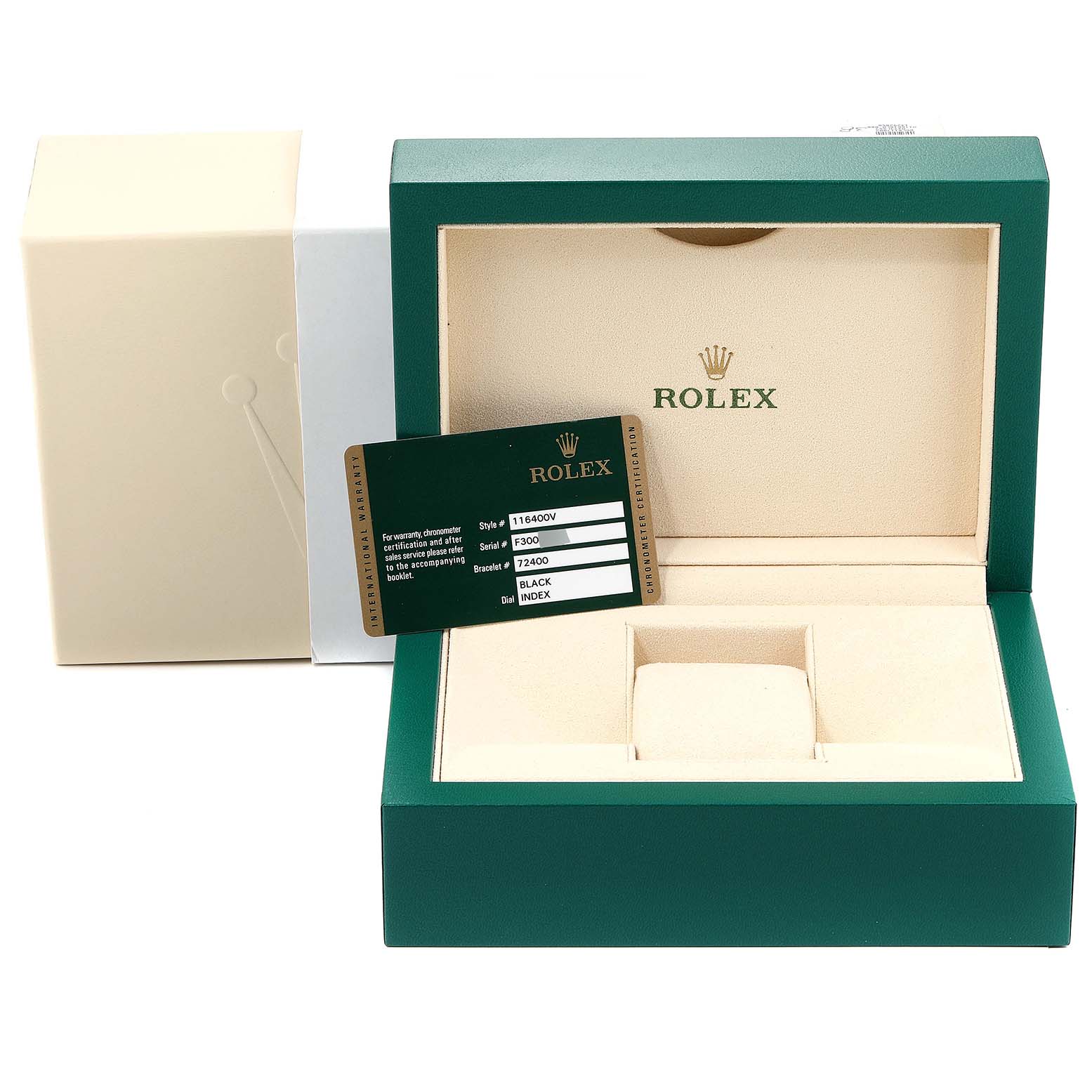 The image shows the opened packaging box and guarantee card for the Rolex Milgauss 116400V Men's Stainless Steel Black Dial 116400V Men's Stainless Steel Black Dial watch.