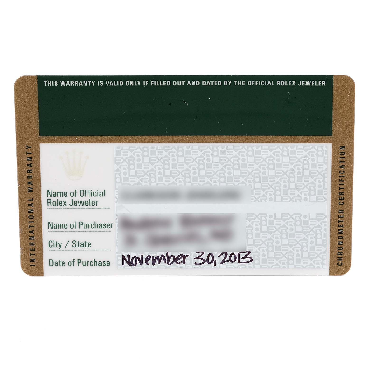 The image shows the warranty card for a Rolex Milgauss 116400V Men's Stainless Steel Black Dial 116400V Men's Stainless Steel Black Dial watch, dated November 30, 2013.
